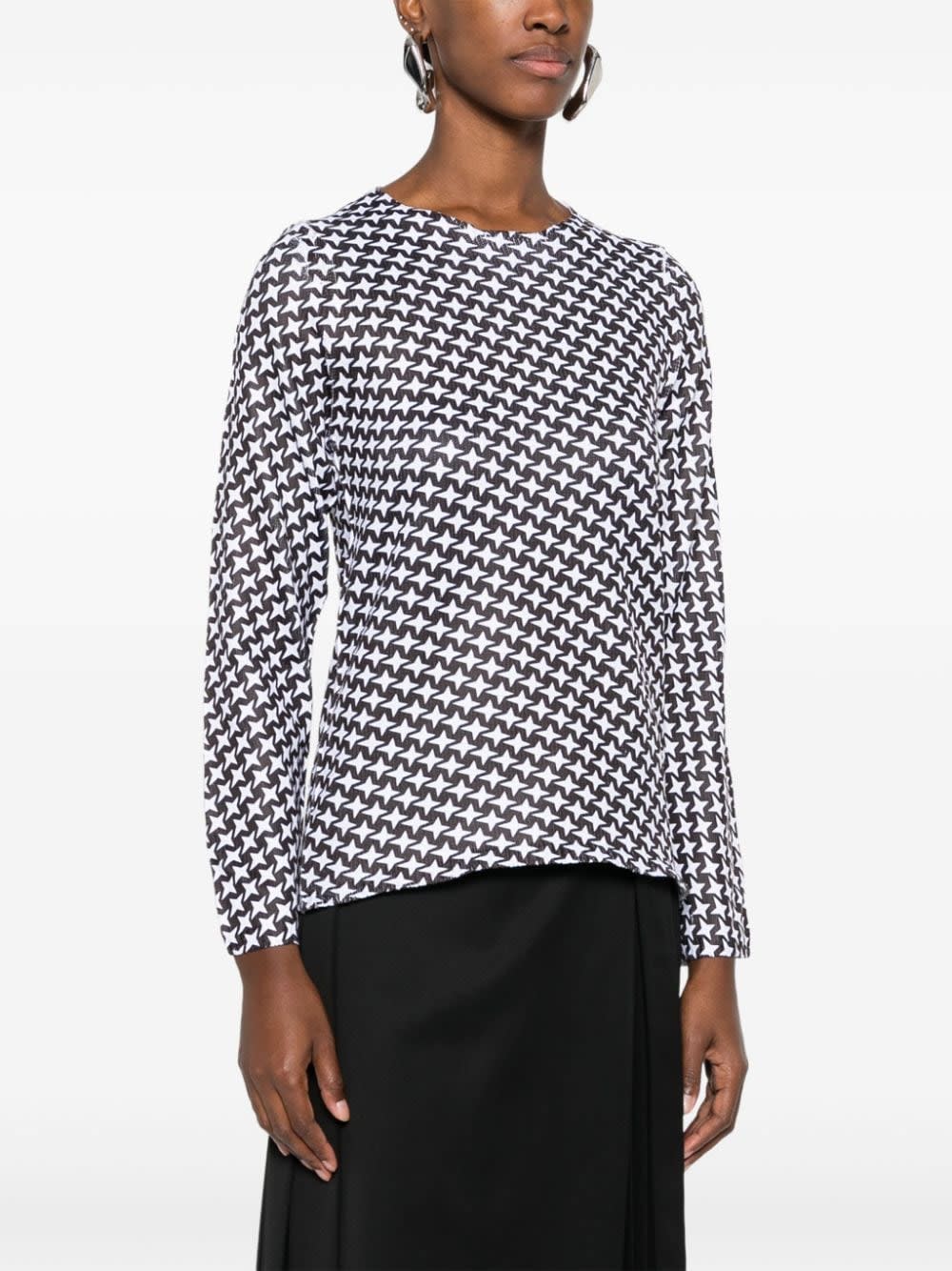 Comme Des Garçons Fine Ribbed Star Print Round Neck Top In Black