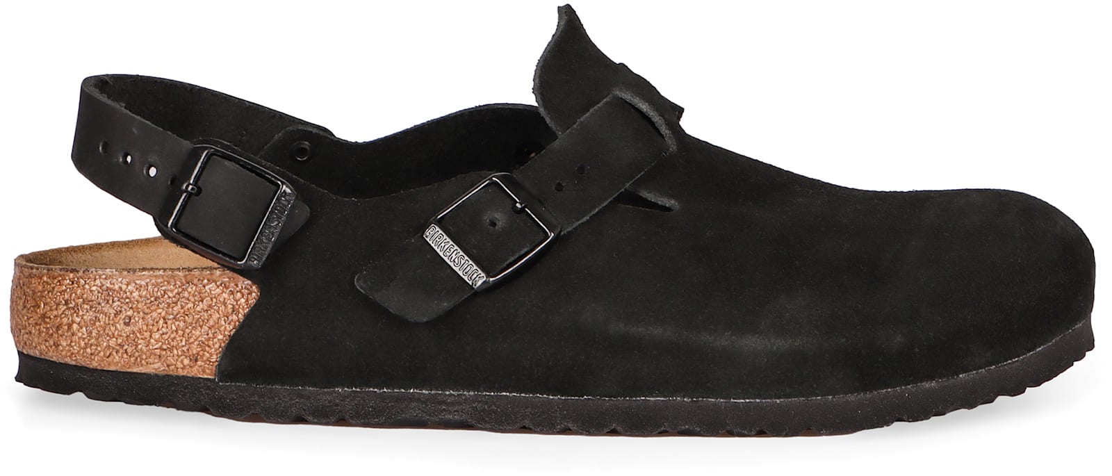 Birkenstock Buckle Cork Open Suede Mules In Black