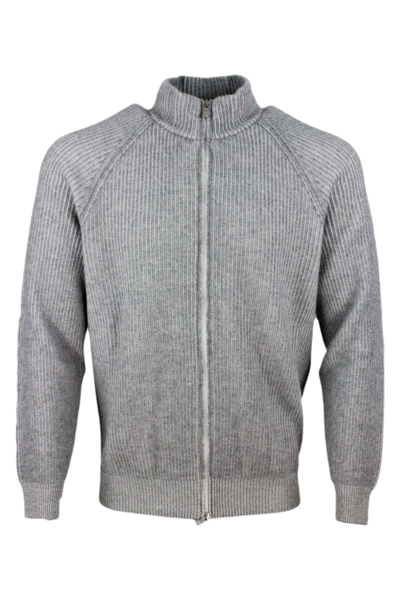 Brunello Cucinelli Cardigan Sweater With Zip, With Vanisè High Collar In Pure And Precious Cashmere
