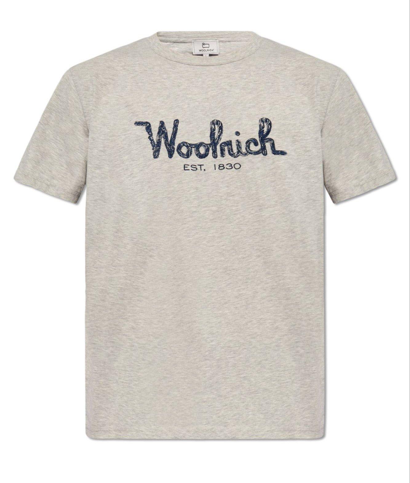 Shop Woolrich Logo Embroidered Crewneck T-shirt In Grey