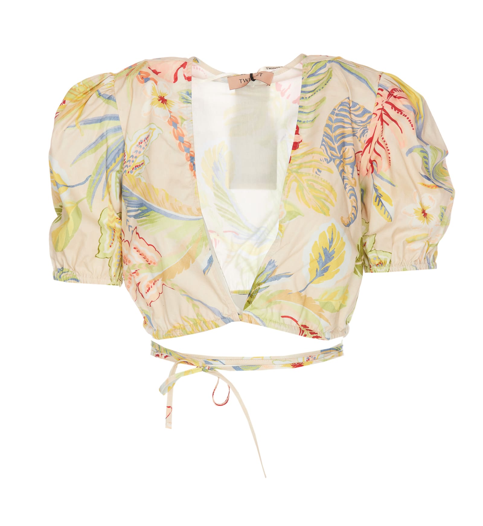 Twinset Floral-print Wraparound Cropped Top In Multicolor