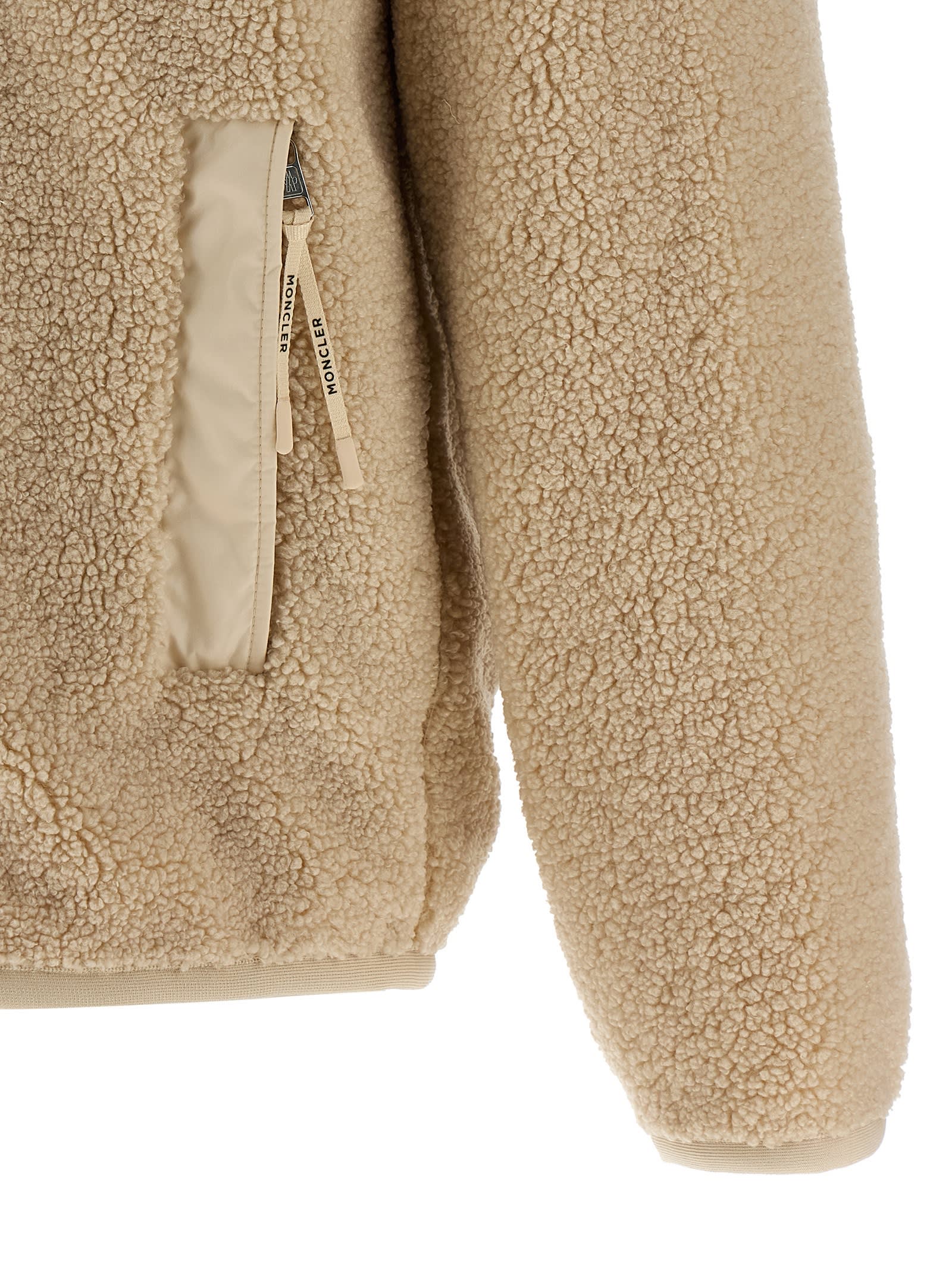 Moncler Teddy Zip-up Sweatshirt With Nylon Pocket In Neutral