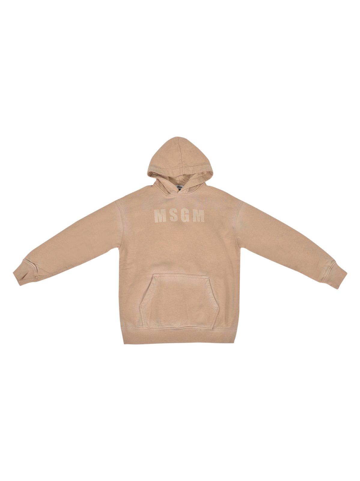 Msgm Logo Printed Straight Hem Hoodie In Beige