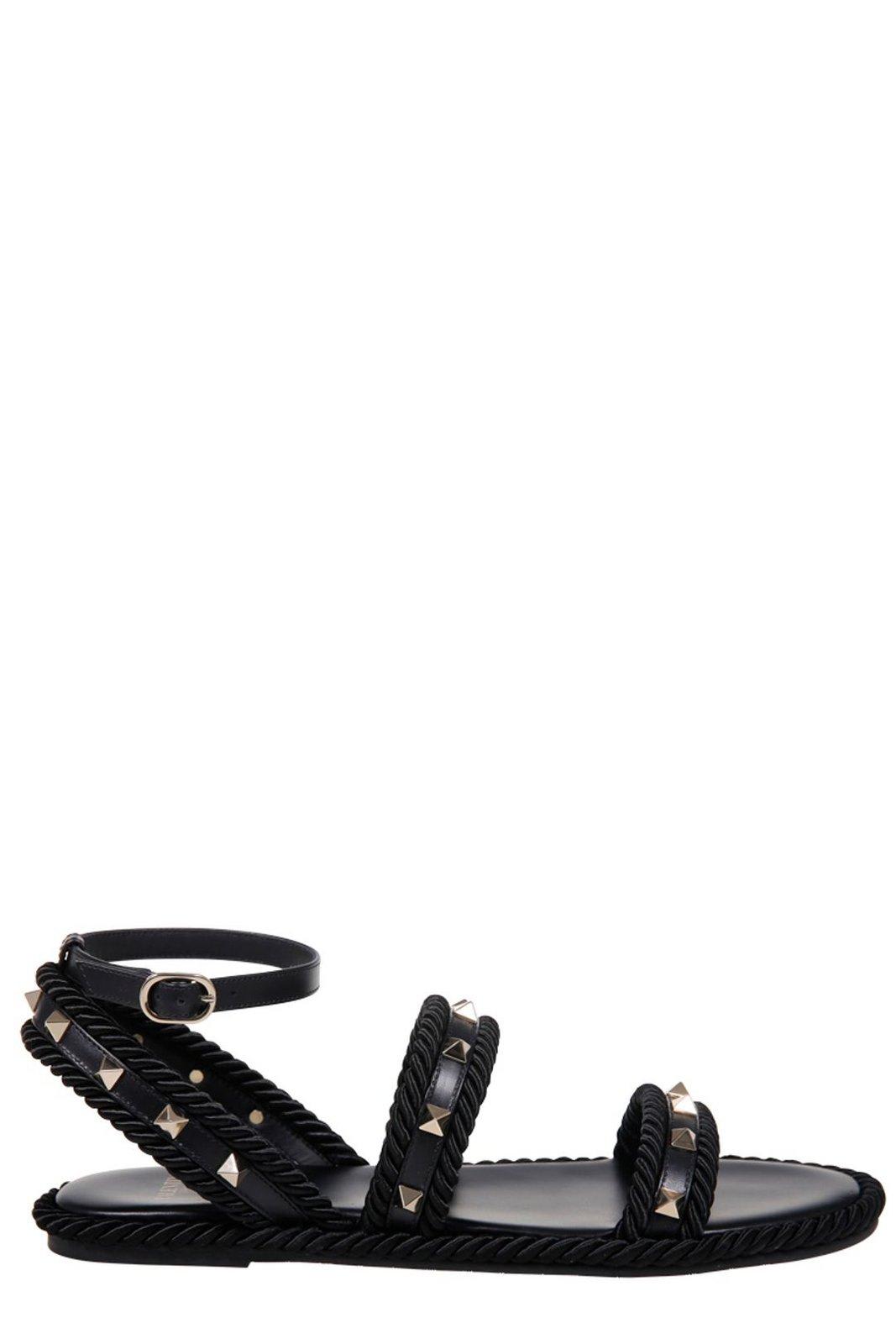 Valentino Torchon Rope-trimmed Studded Leather Sandals In Black