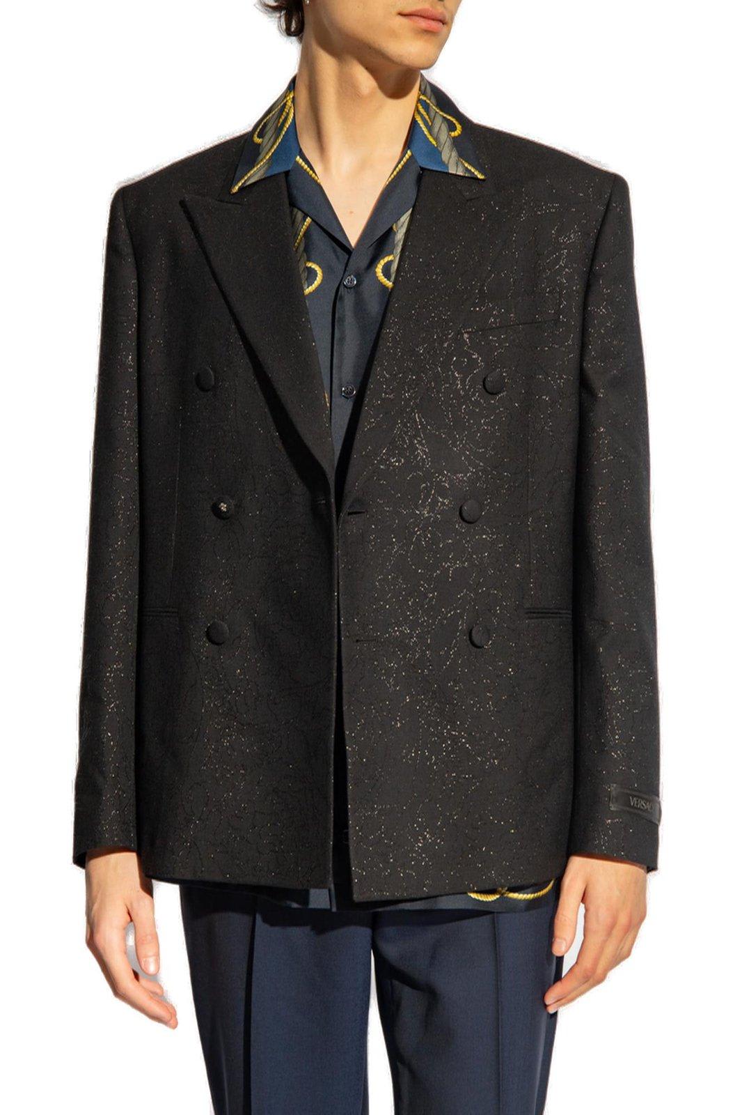 Shop Versace Barocco-jacquard Double-breasted Tailored Blazer In Black