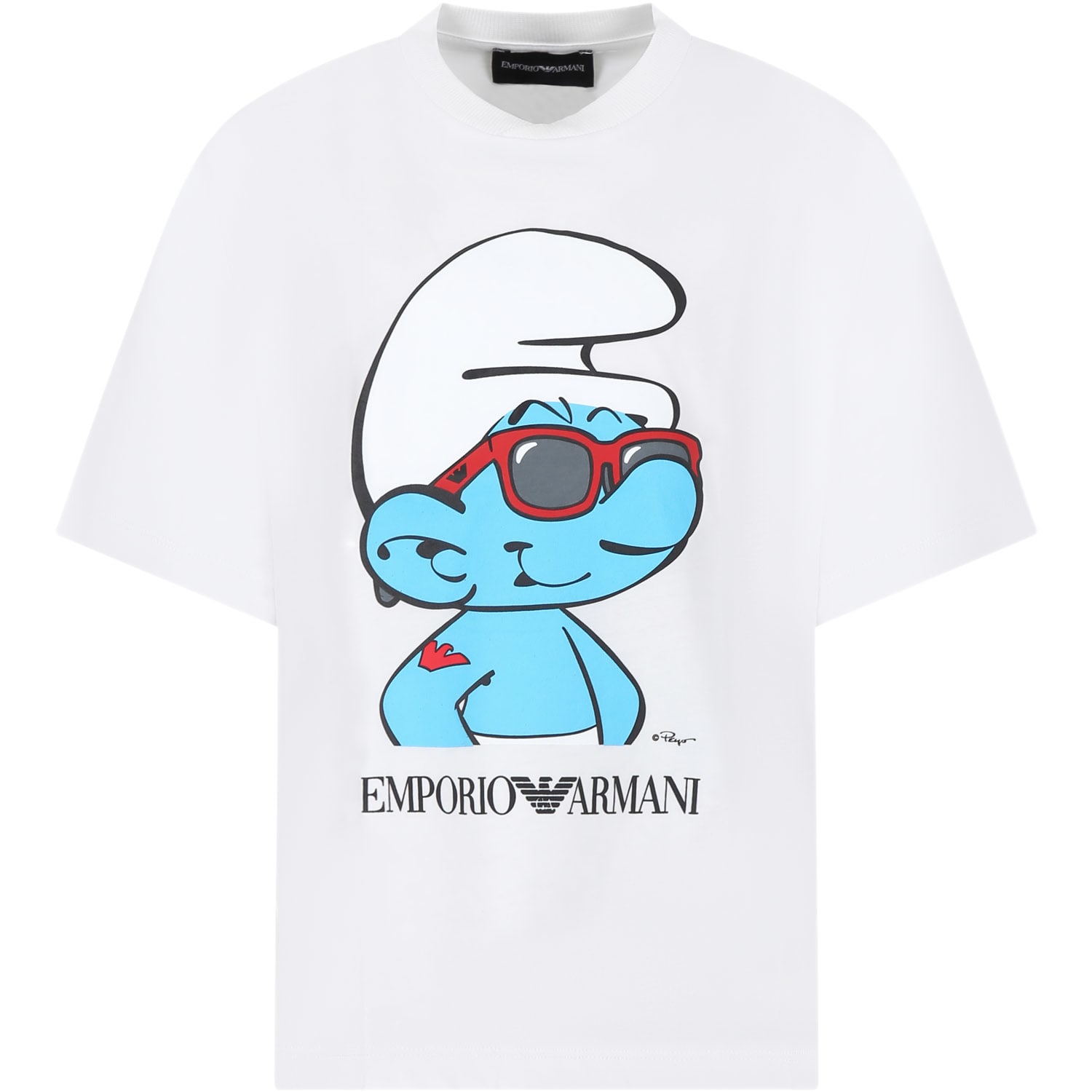 Shop Emporio Armani White T-shirt For Boy With Smurf Print In Bianco Off White