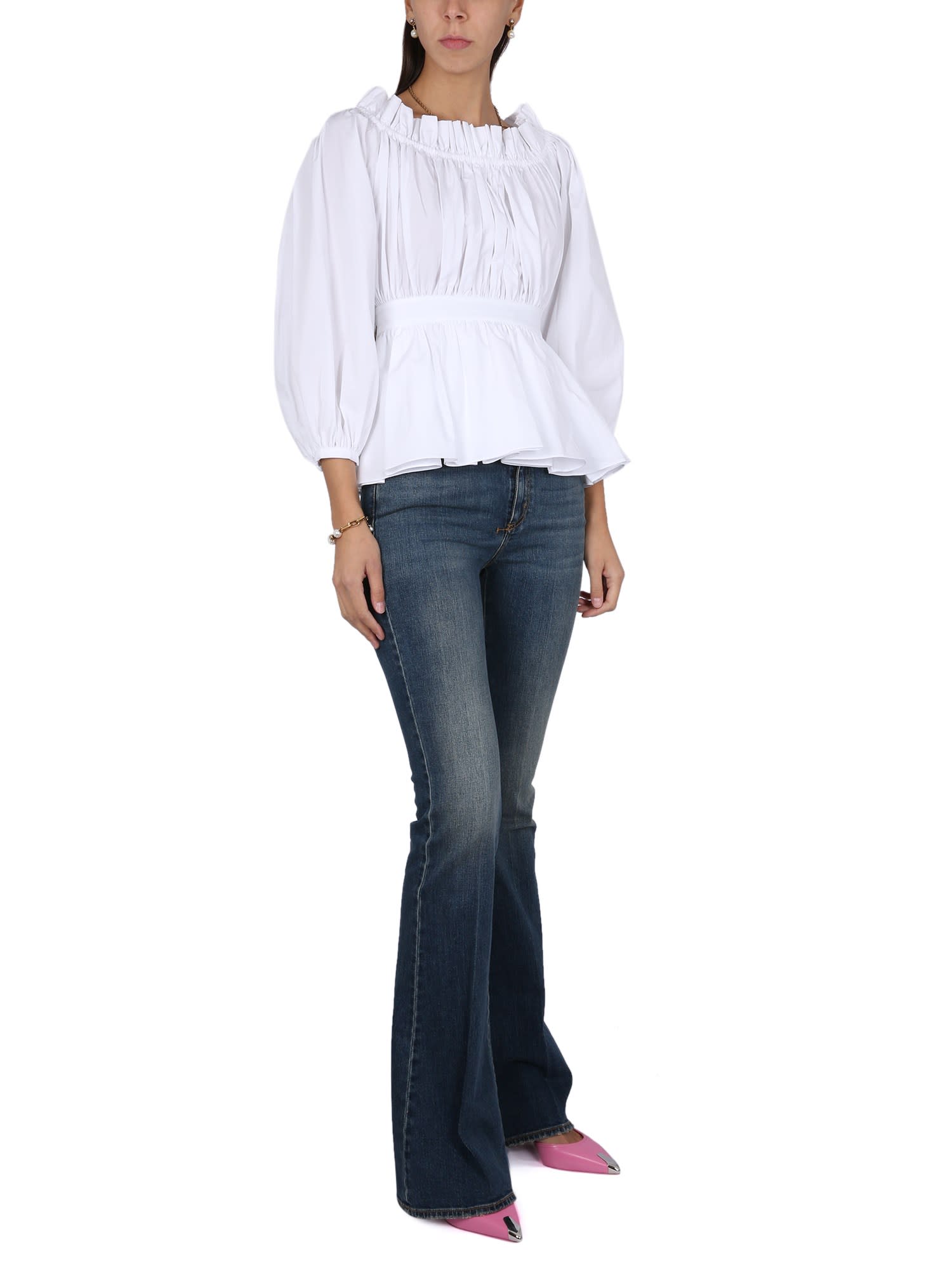 Alexander Mcqueen Off Shoulder Cotton Top In Opticalwhite
