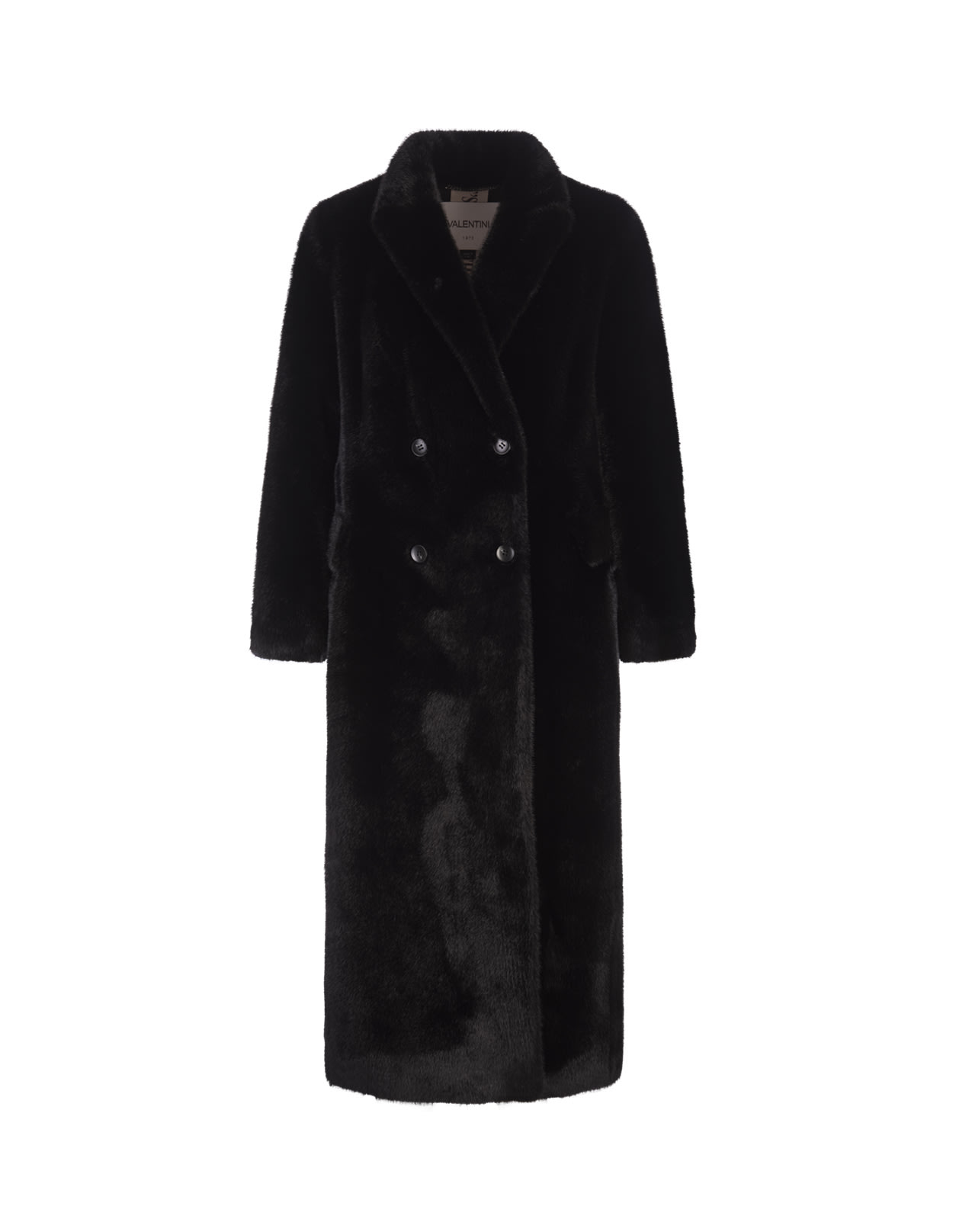 Shop Valentini 1972 Black Faux Fur Long Double-breasted Coat