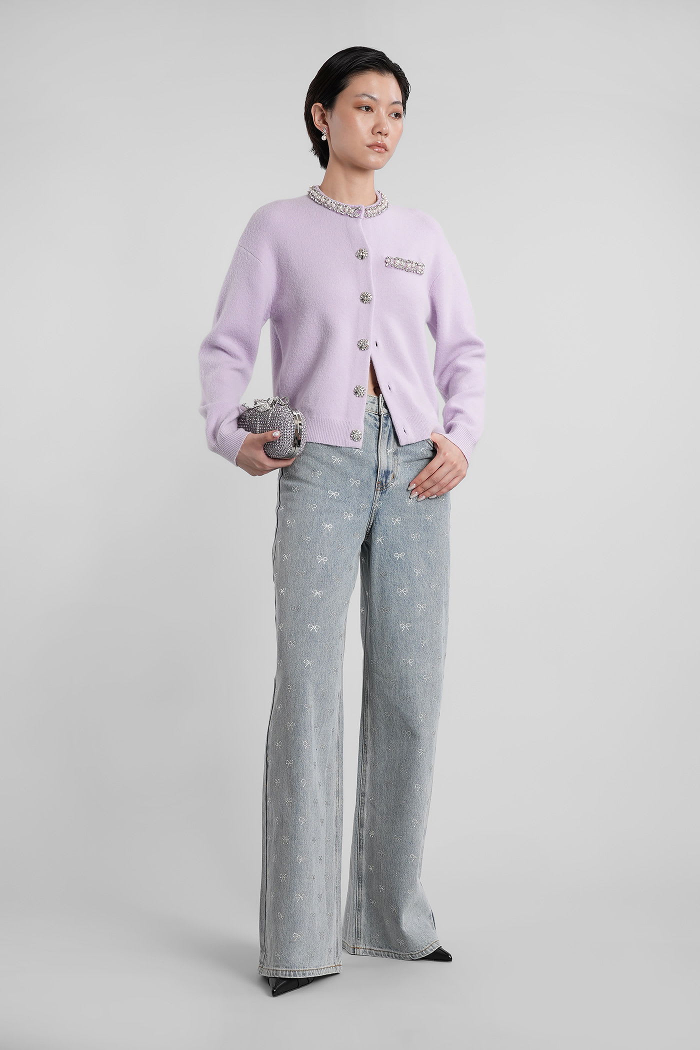 Self-portrait Light Blue Wide-leg Jeans With Crystal Embellishment And Classic Five-pocket Design In Gray