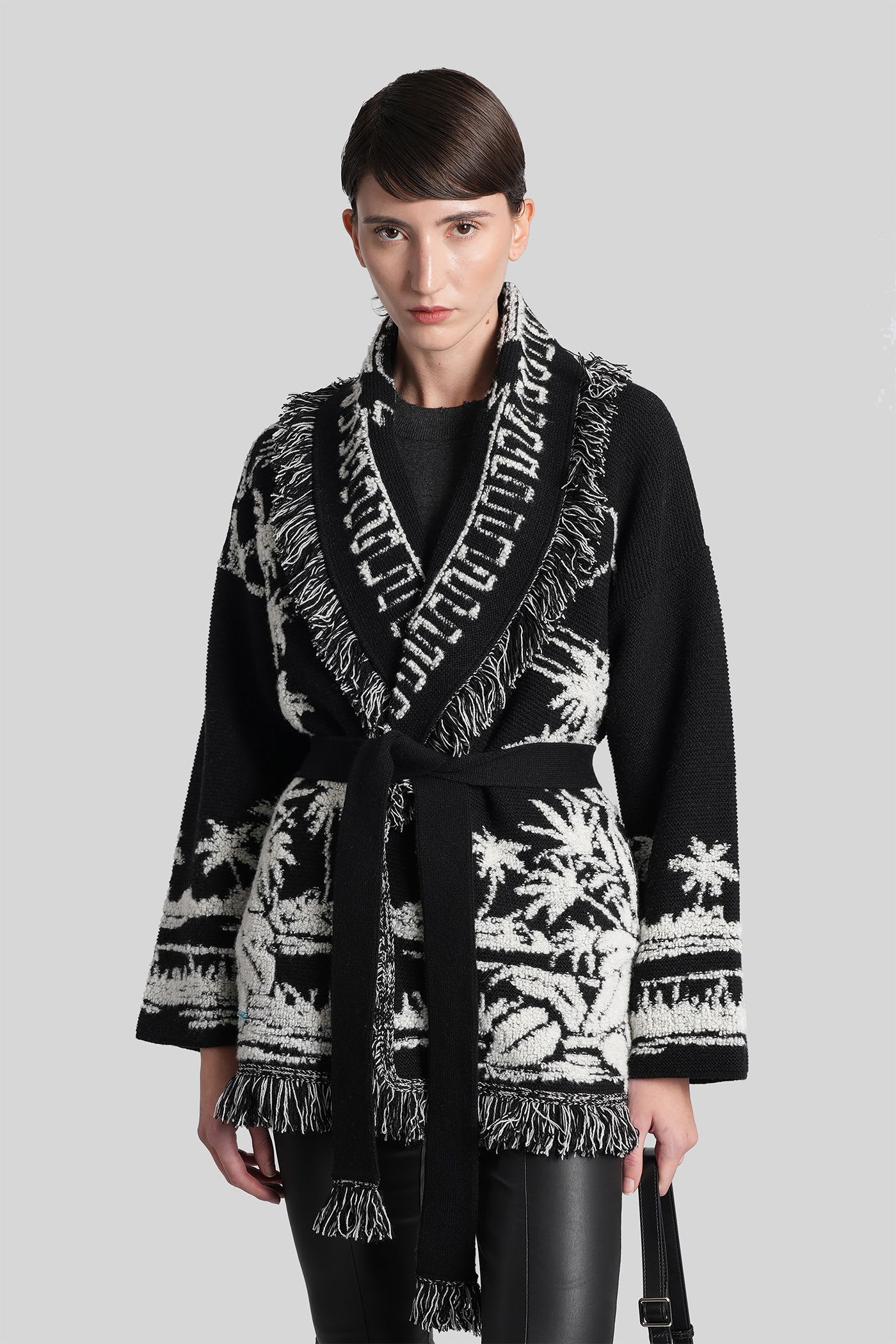 Alanui Black Cardigan With Tropical Pattern And Fringes In Black