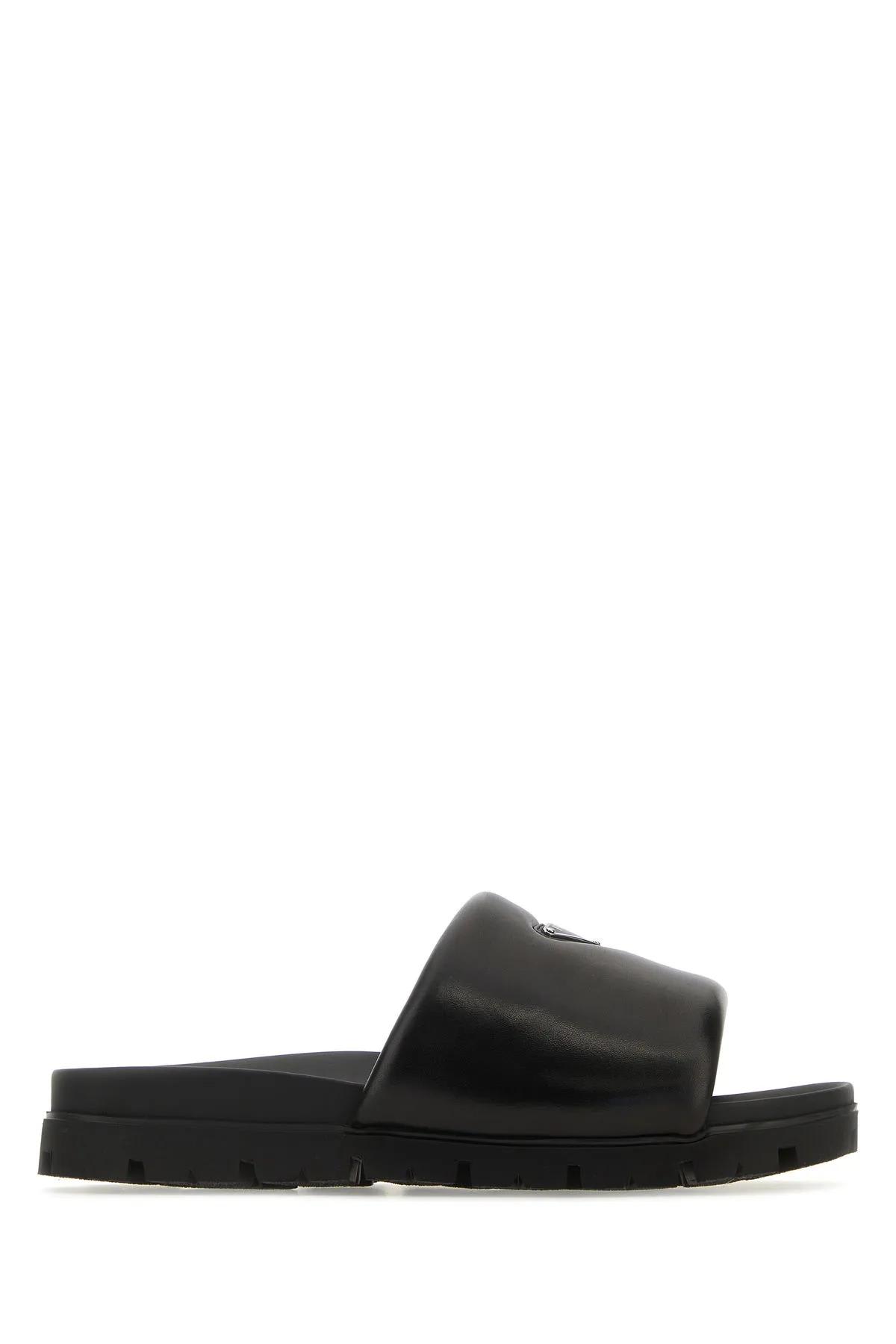 Shop Prada Black Nappa Leather Slippers In Nero