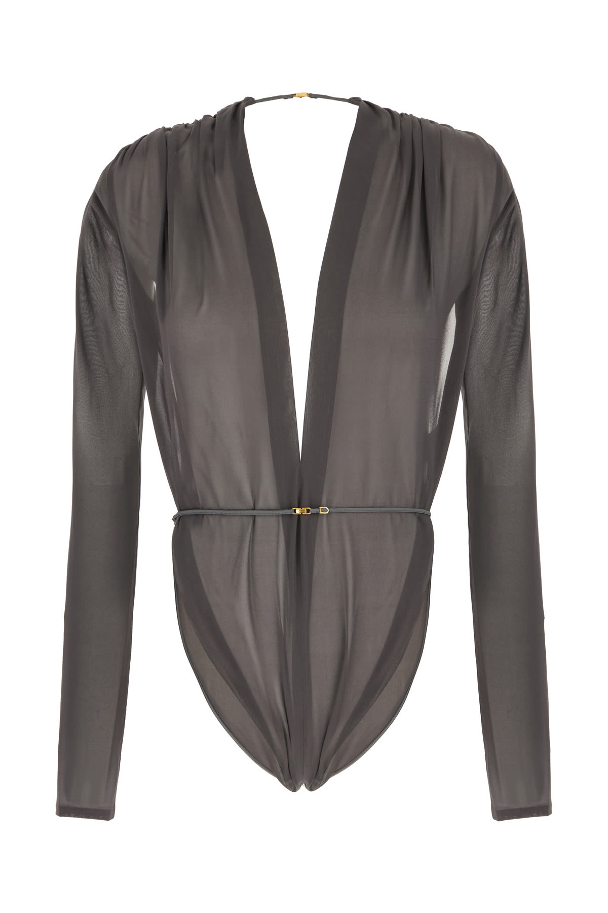 Saint Laurent Dark Grey Stretch Silk Bodysuit In Grigio