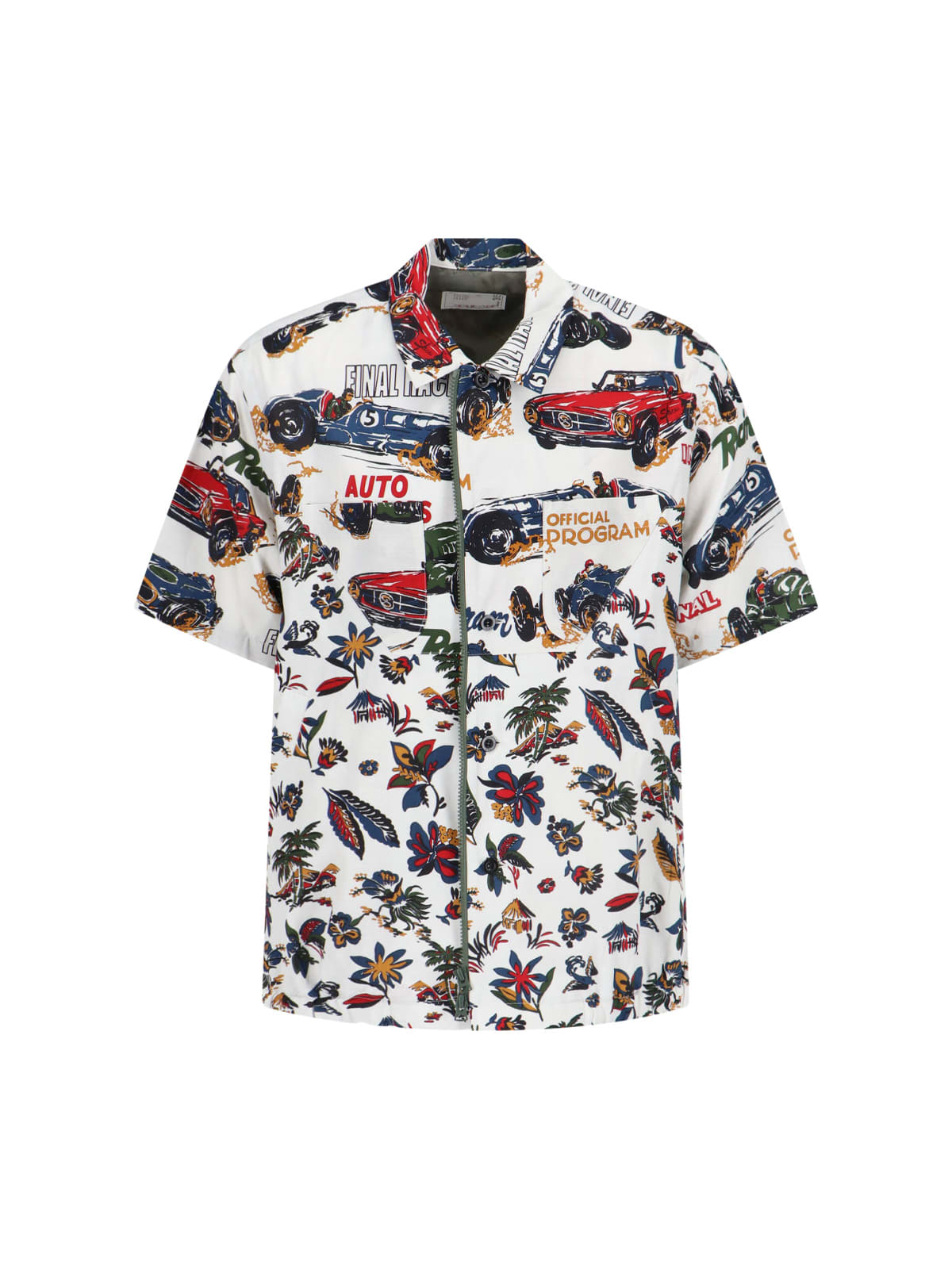 Sacai Short-sleeved Shirt With Classic Collar And Tropical Motif In Multi