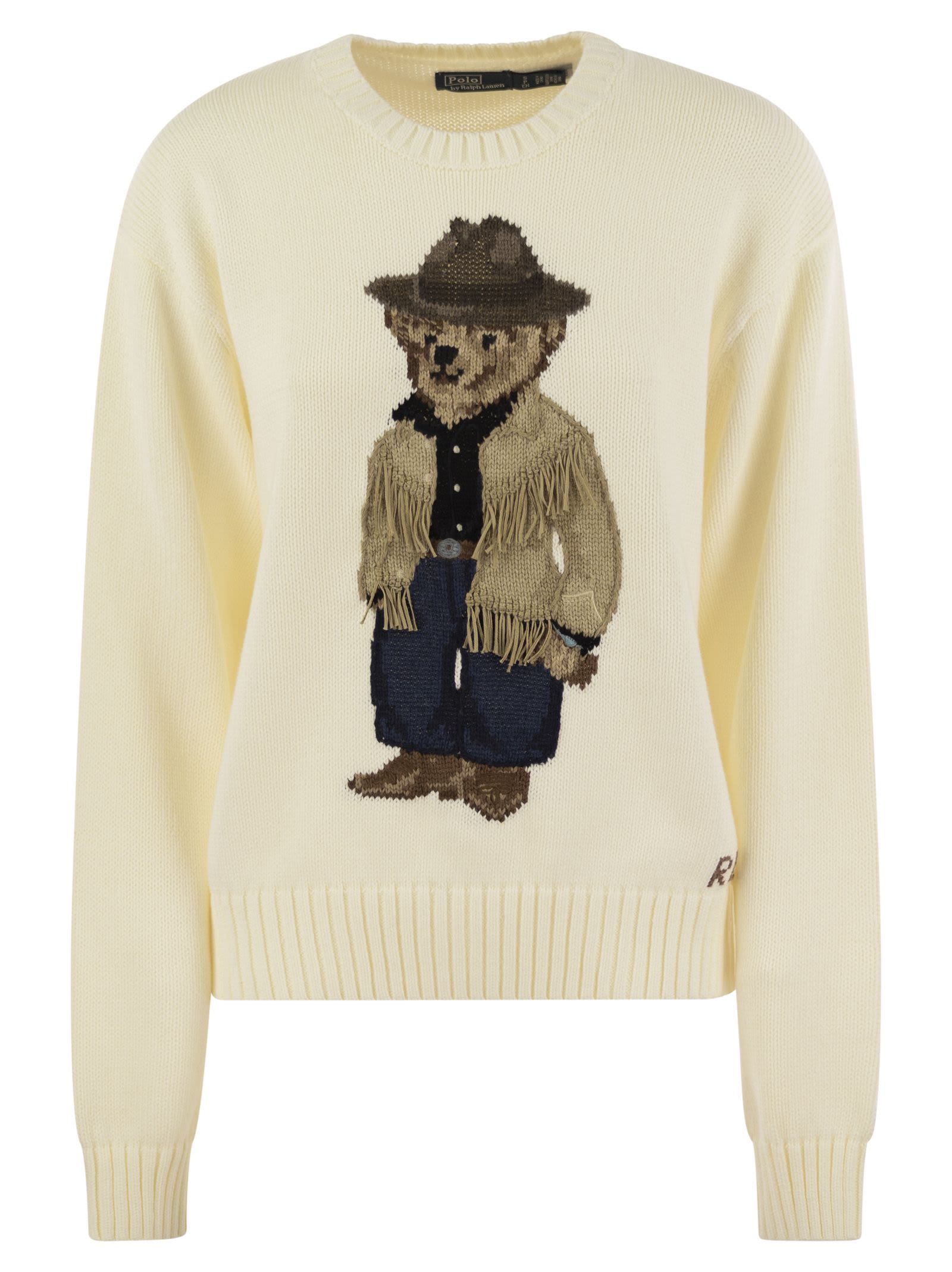 Shop Polo Ralph Lauren Bear Cotton Crew-neck Polo Shirt In Cream