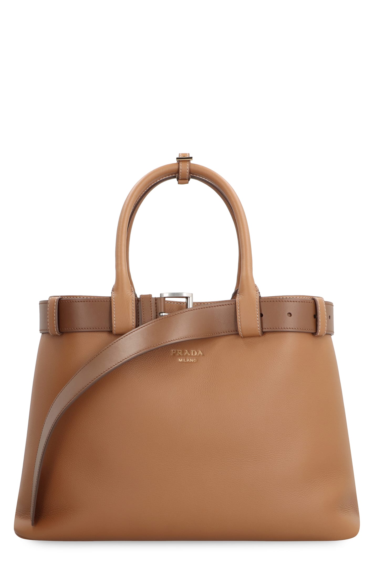 Shop Prada Buckle Leather Bag In Saddle Brown
