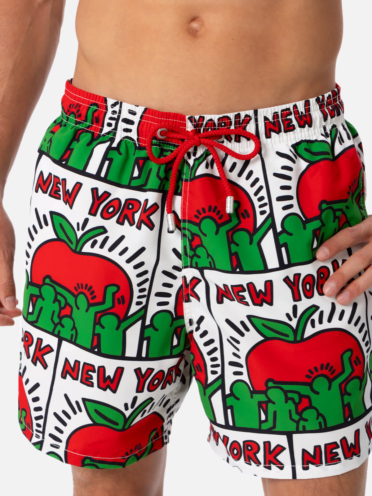 Mc2 Saint Barth Man Mid-length Gustavia Swim-shorts With Keith Haring Design Placed Print Keith Haring Special Editi In White