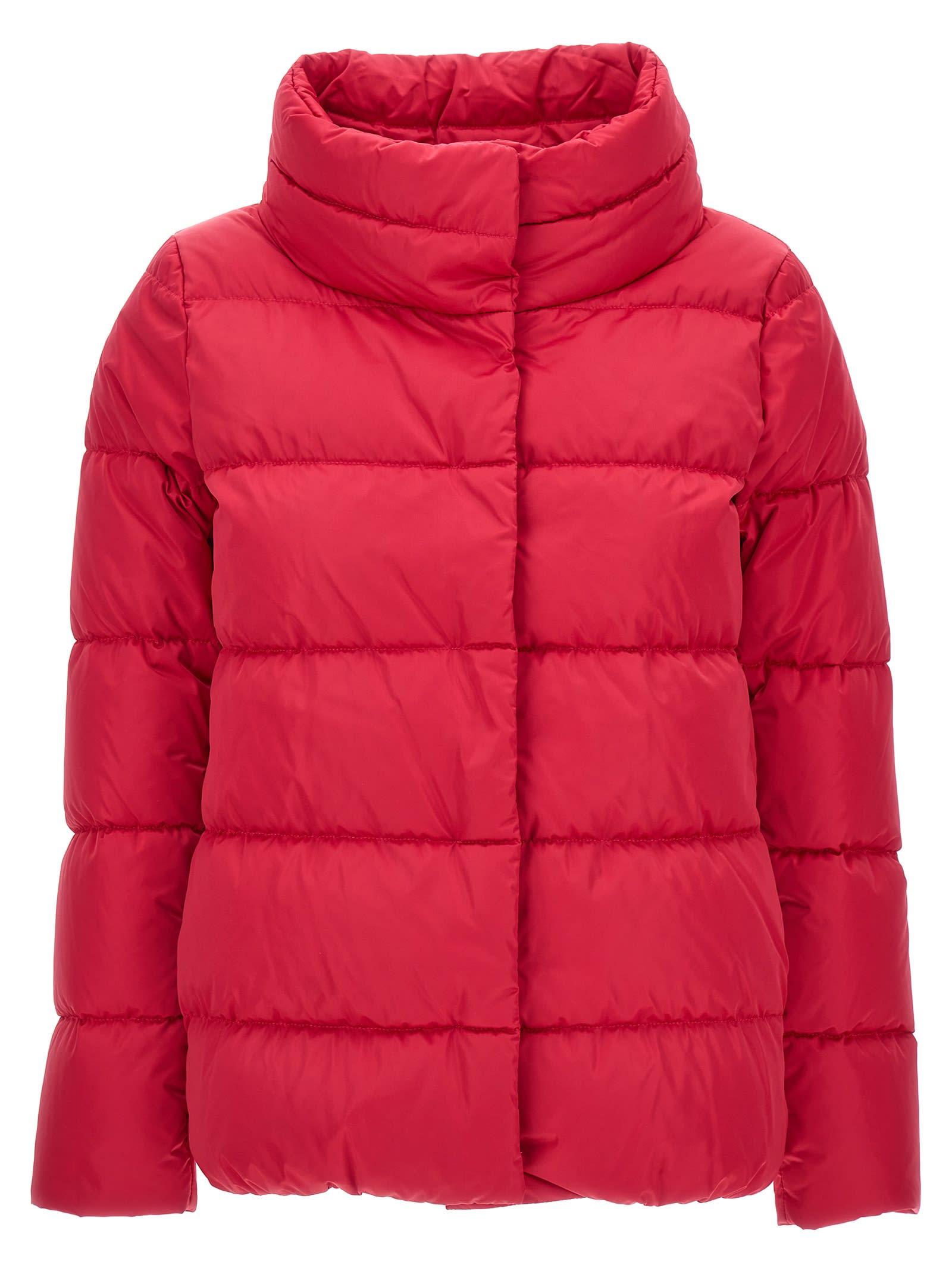 Shop Herno Lady Faux Fur Satin Down Jacket In Fuchsia