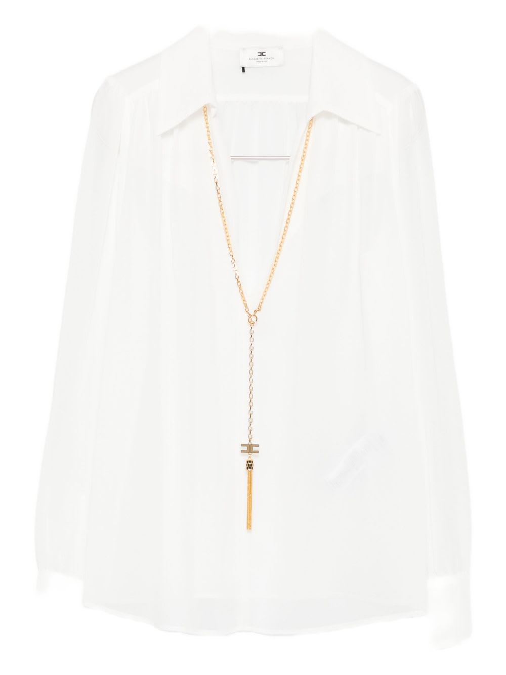 Elisabetta Franchi Chic Long Sleeve Sheer Top With Chain In White