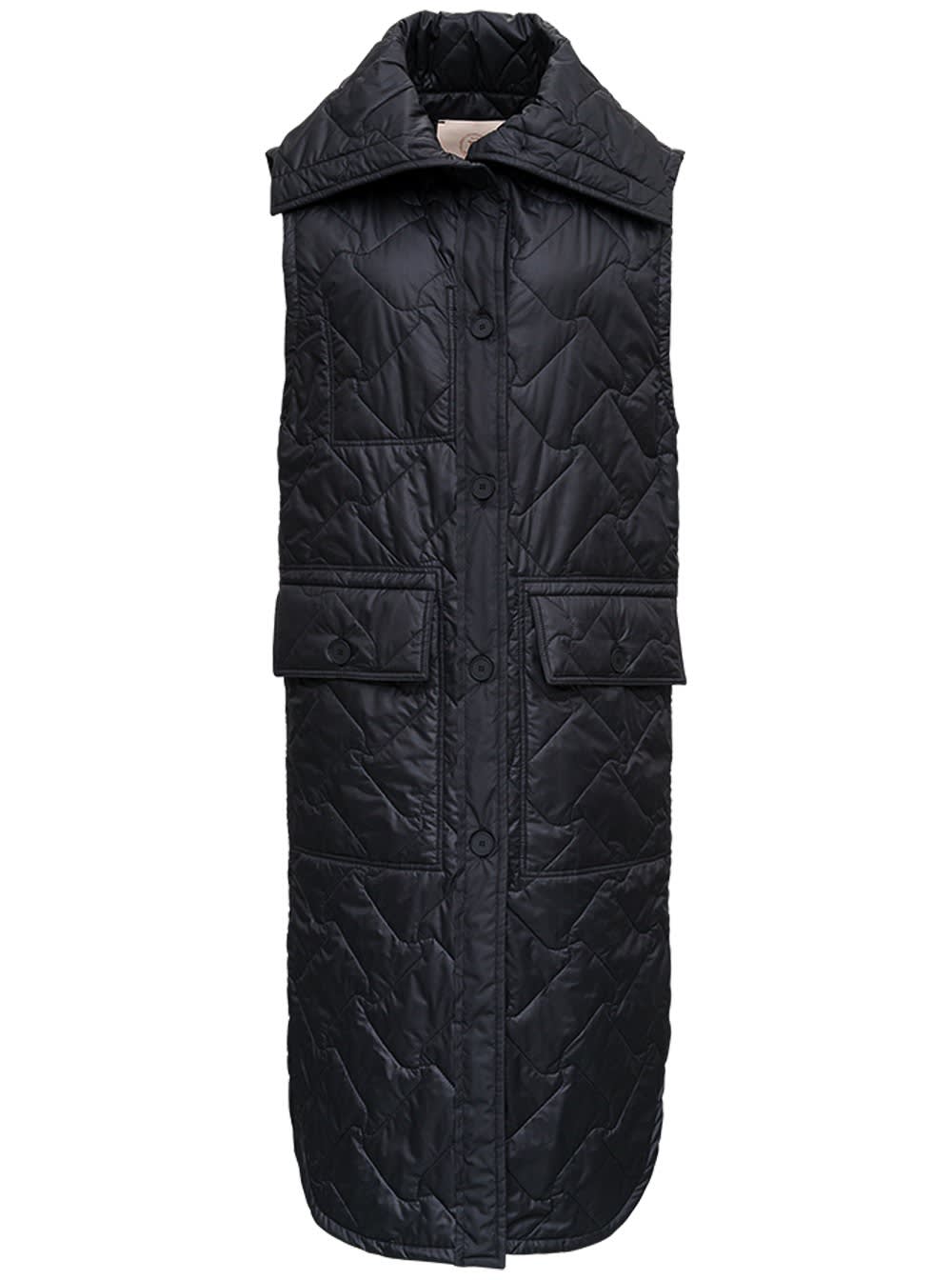 Tela Birillo Long Down Jacket In Black Nylon Quilted