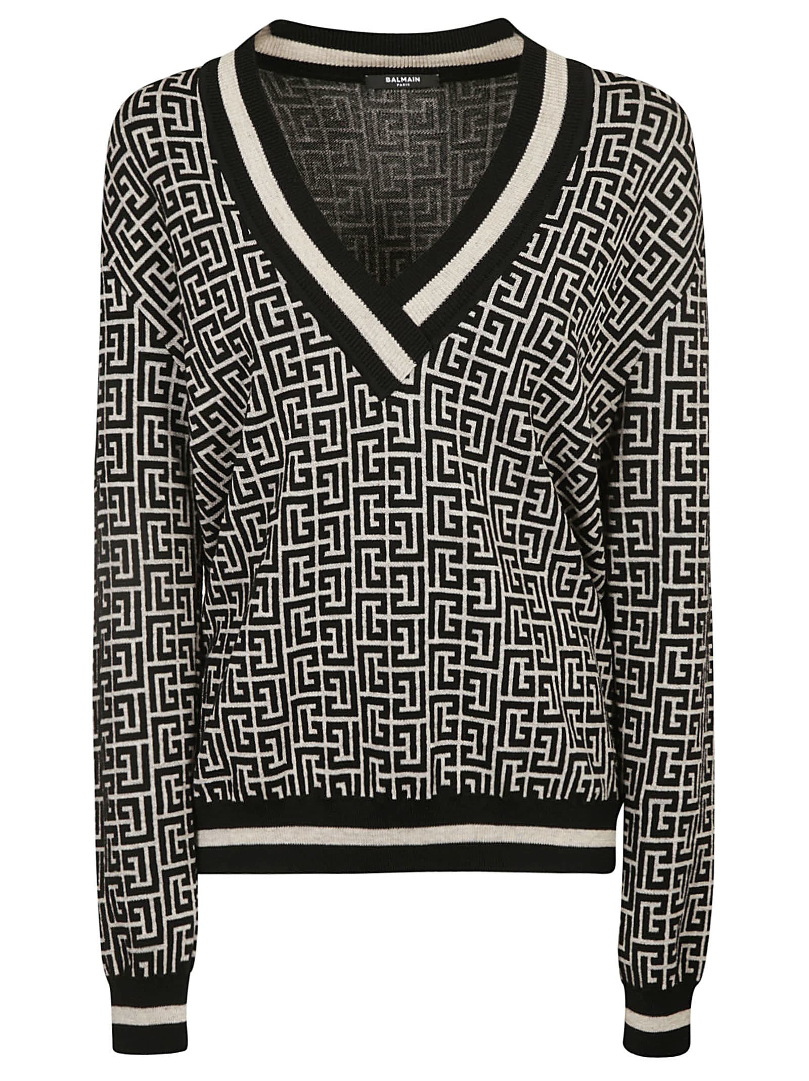 Balmain V-neck Monogram Sweater