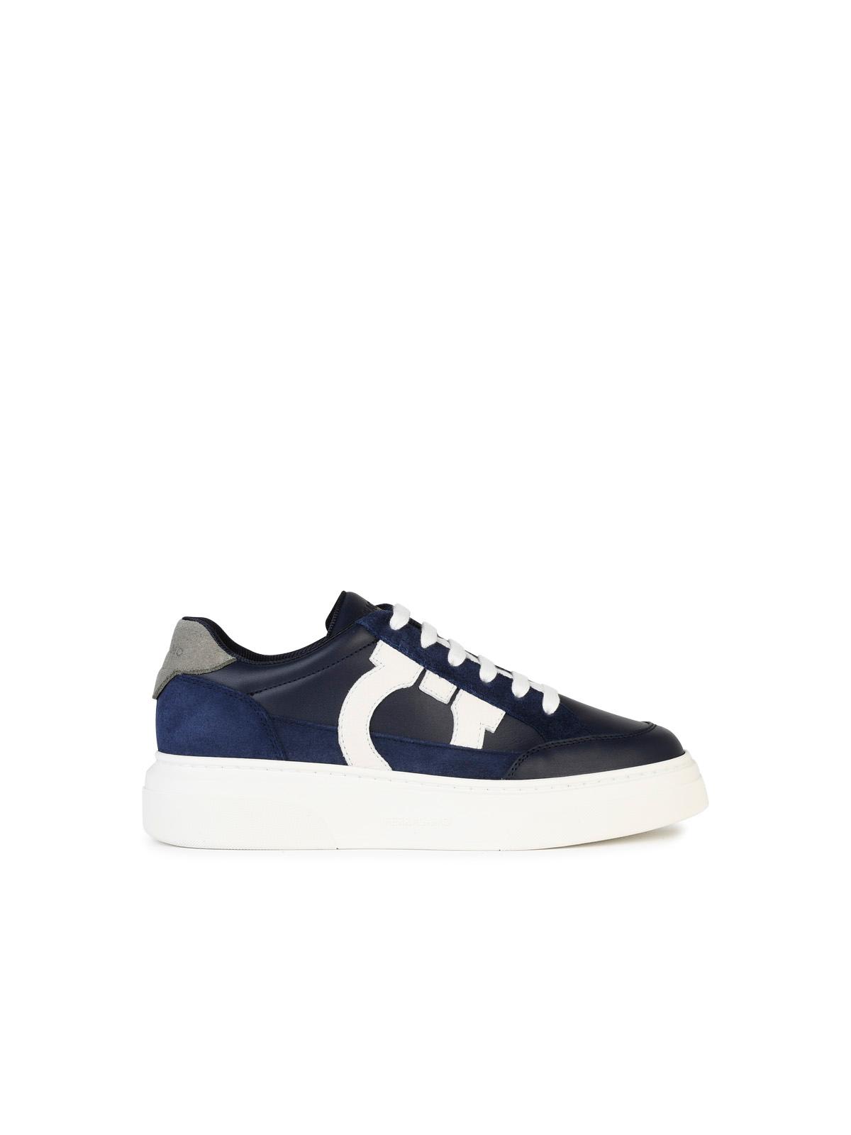 Ferragamo Low Top Sneaker With Gancini Outline In Blue