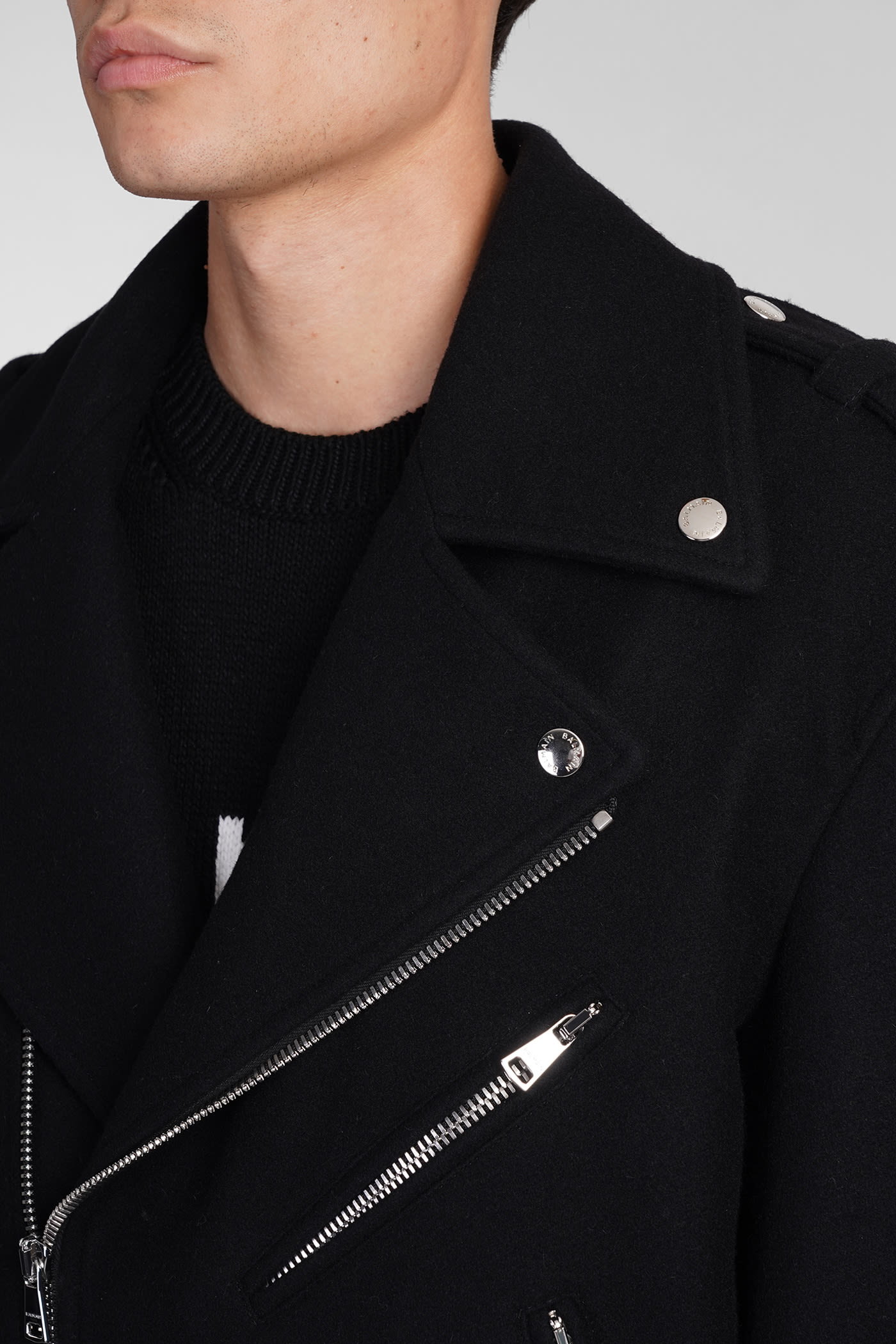 Shop Balmain Biker Jacket In Black Wool