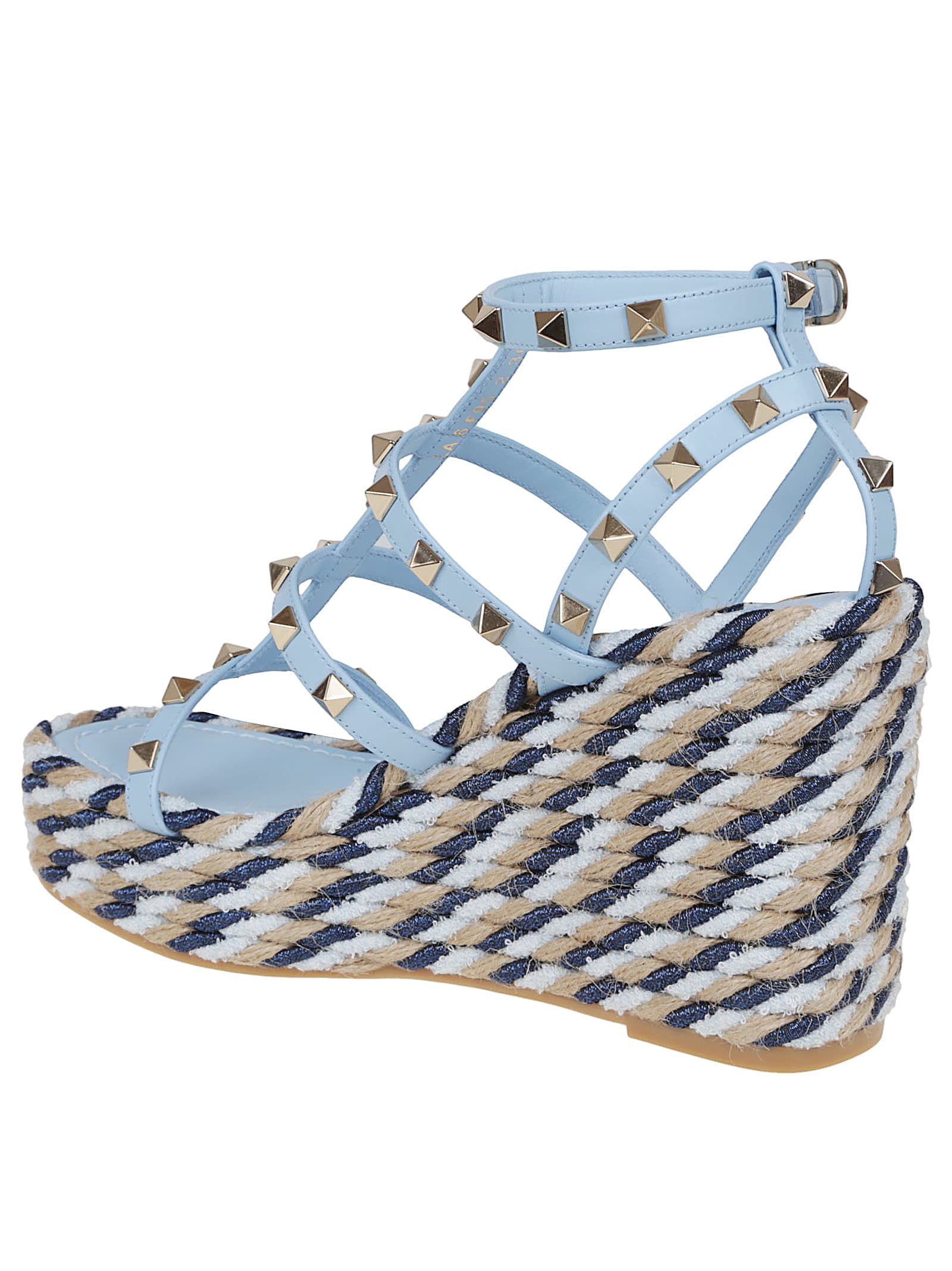 Valentino Garavani Rockstud Calfskin Wedge Sandal With Straps 95mm Woman Baltic Blue 37 In Multi