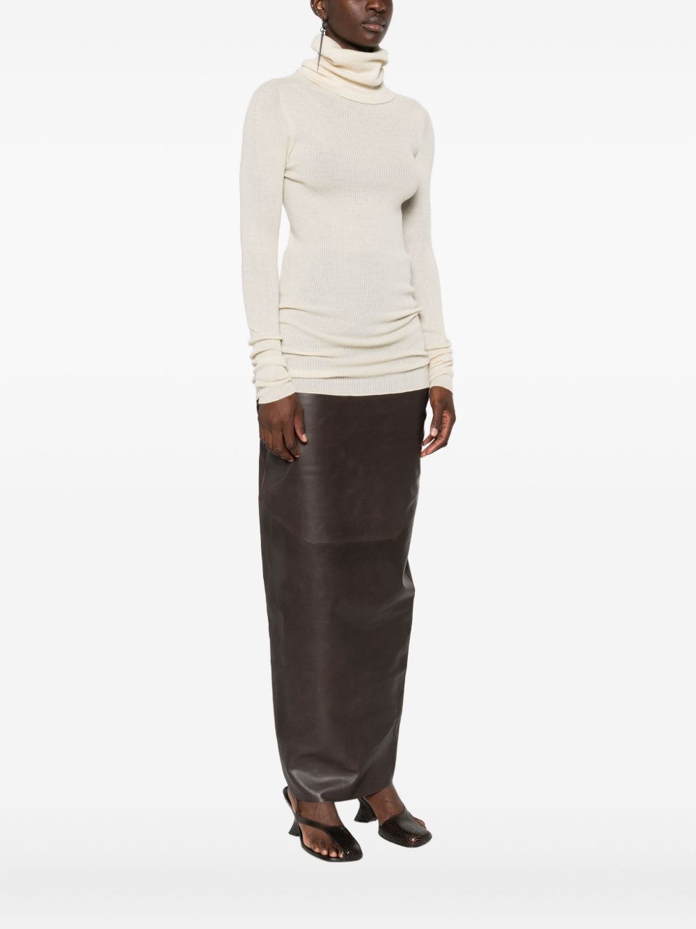 Rick Owens Ribbed Wool Turtleneck Sweater With Seam Detail In Neutral