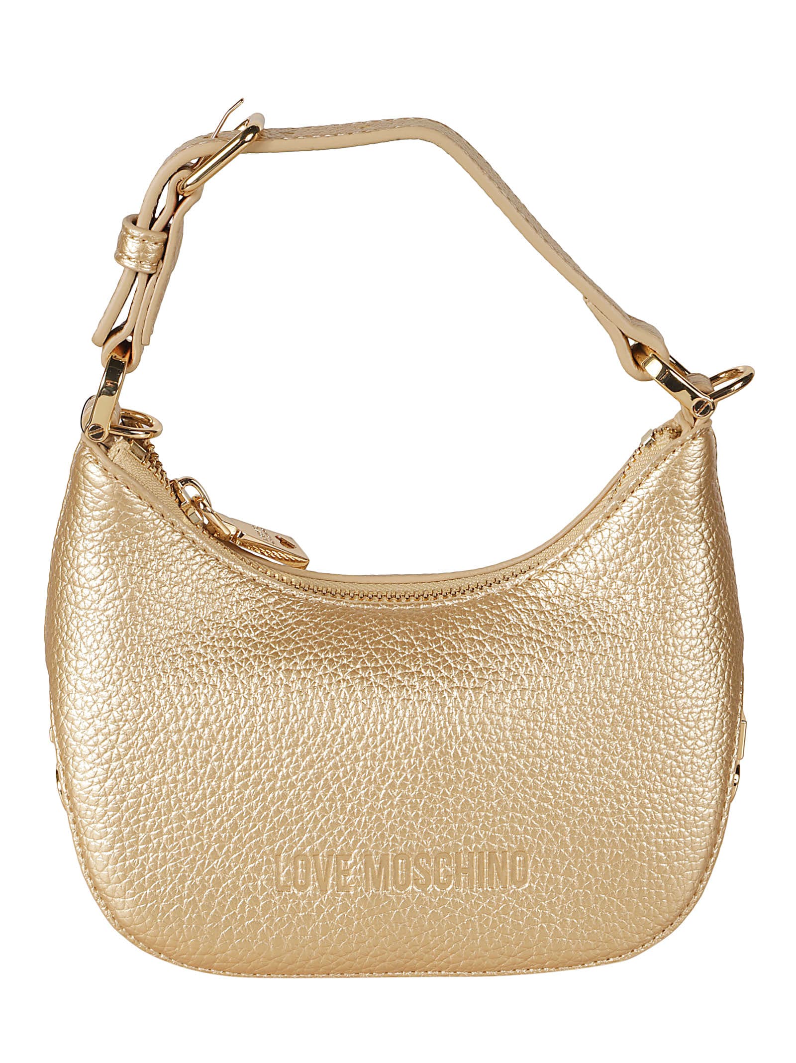 Shop Love Moschino Metallic Logo Stamp Top Zip Shoulder Bag In Gold