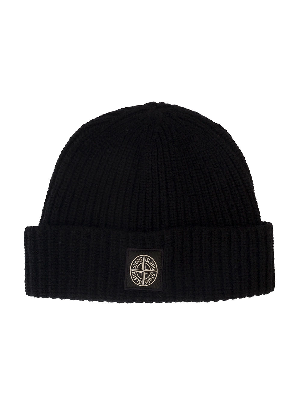 STONE ISLAND BLACK KNITTED BEANIE WITH LOGO PATCH AT THE FRONT IN WOOL MAN