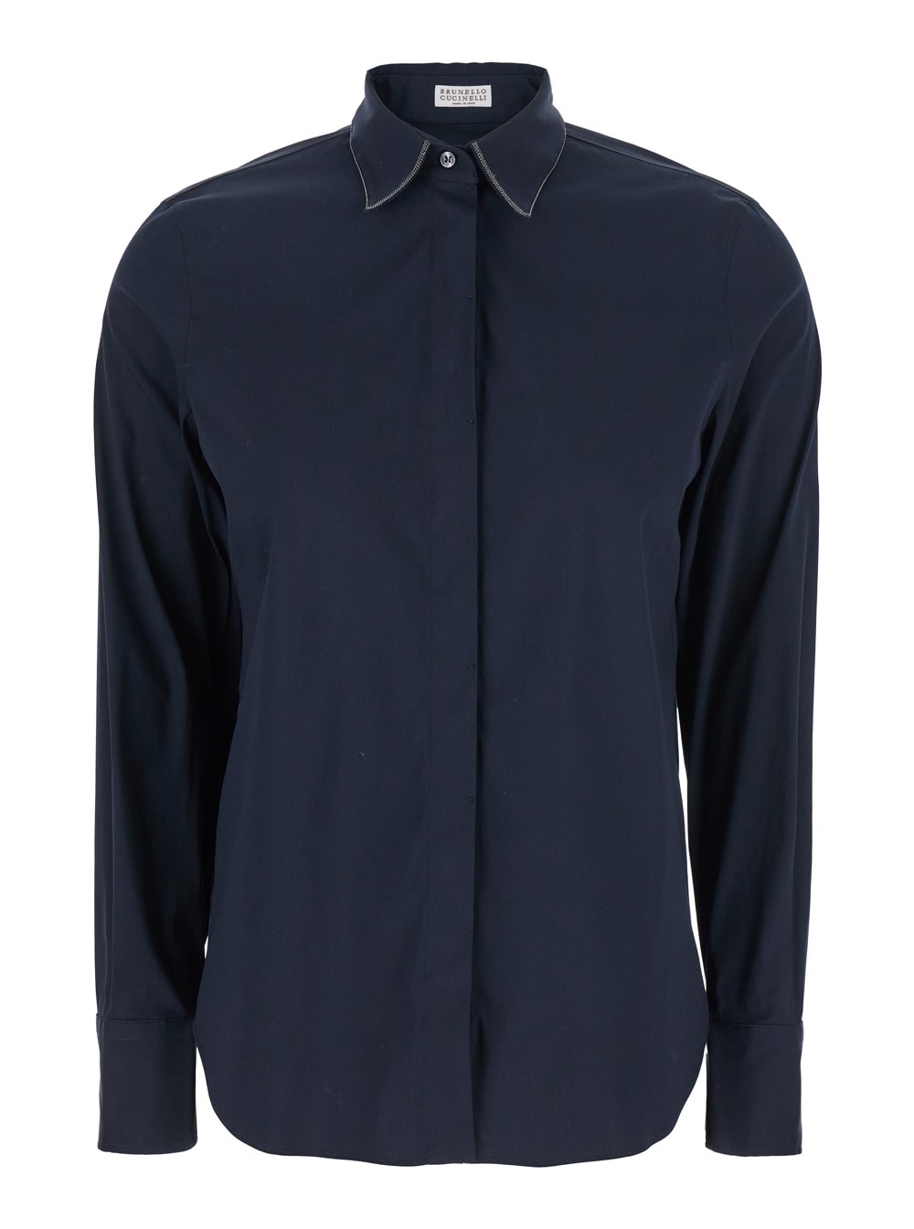Brunello Cucinelli Blue Shirt With Pointed Collar And Monil Detail On The Collar