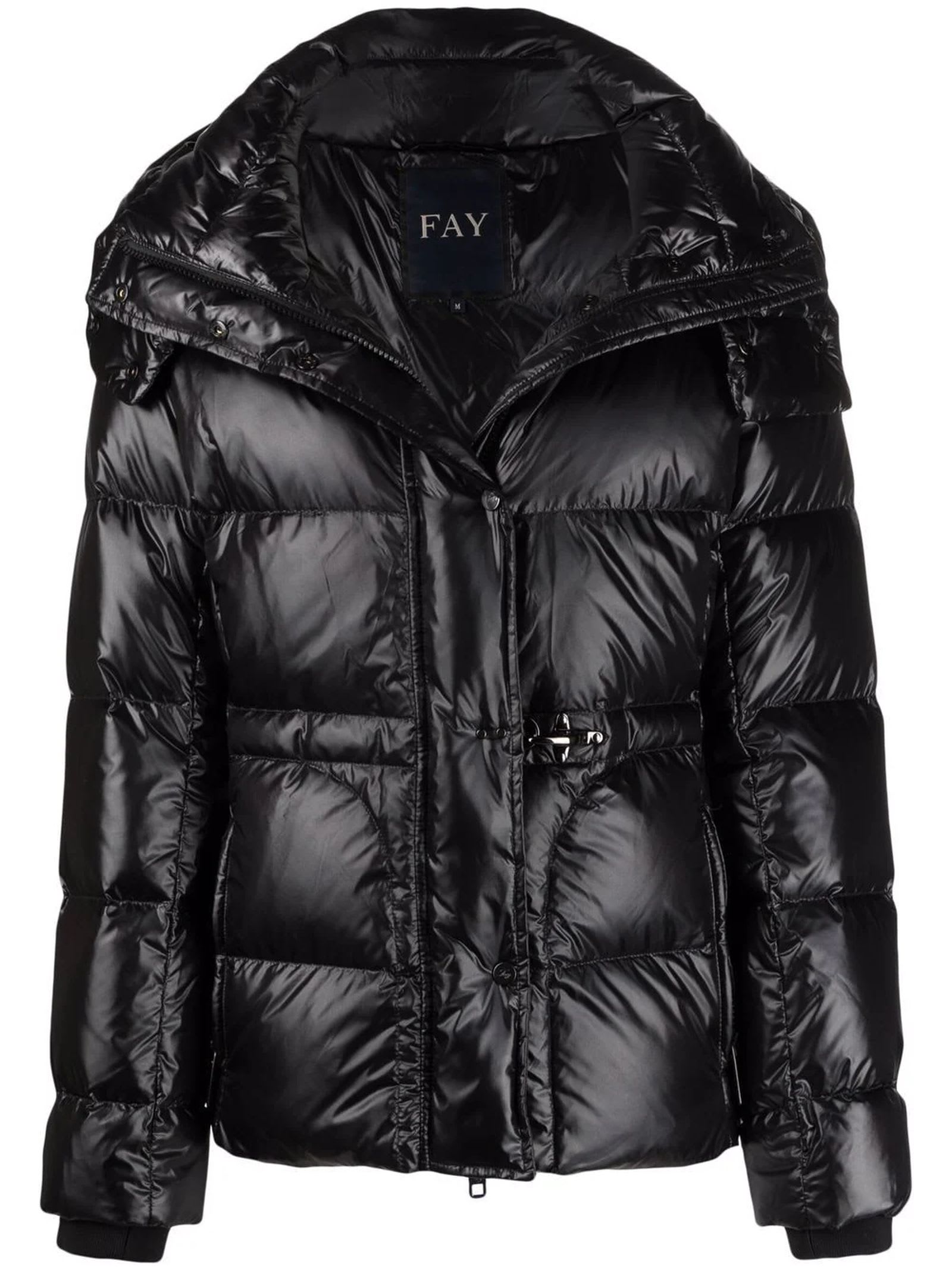 Fay Cropped Black Nylon Down Jacket With Iconic Fastening And Windproof Cuffs In Black