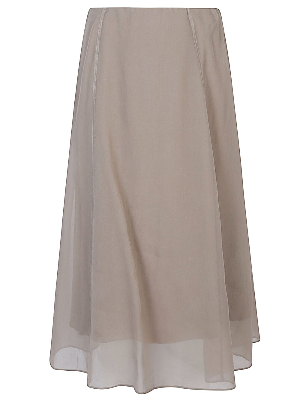 Brunello Cucinelli Asymmetric Flared Midi Skirt With Stitched Accents In Brown