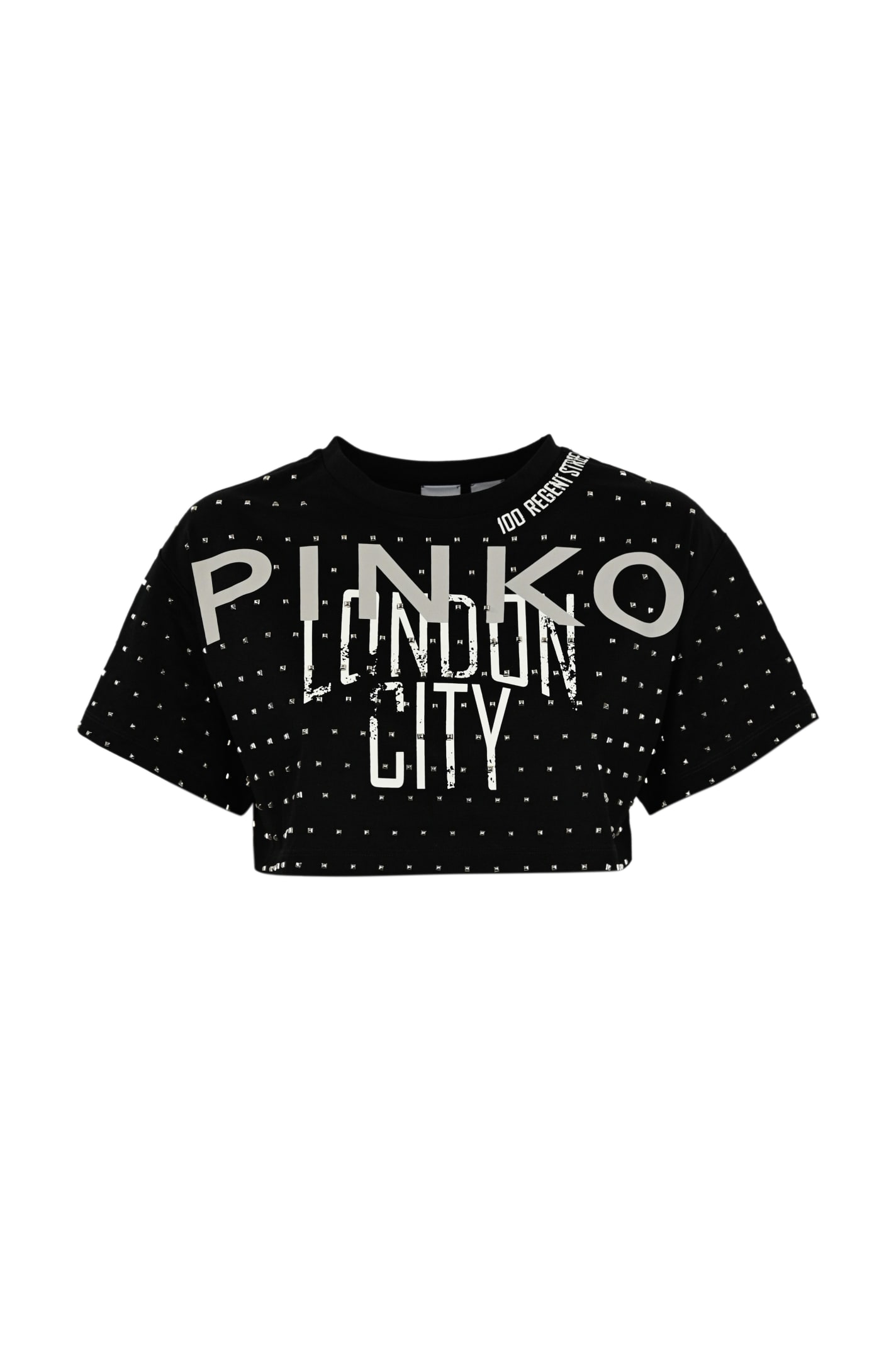 Pinko Cropped T-shirt With Logo And Studs In Black