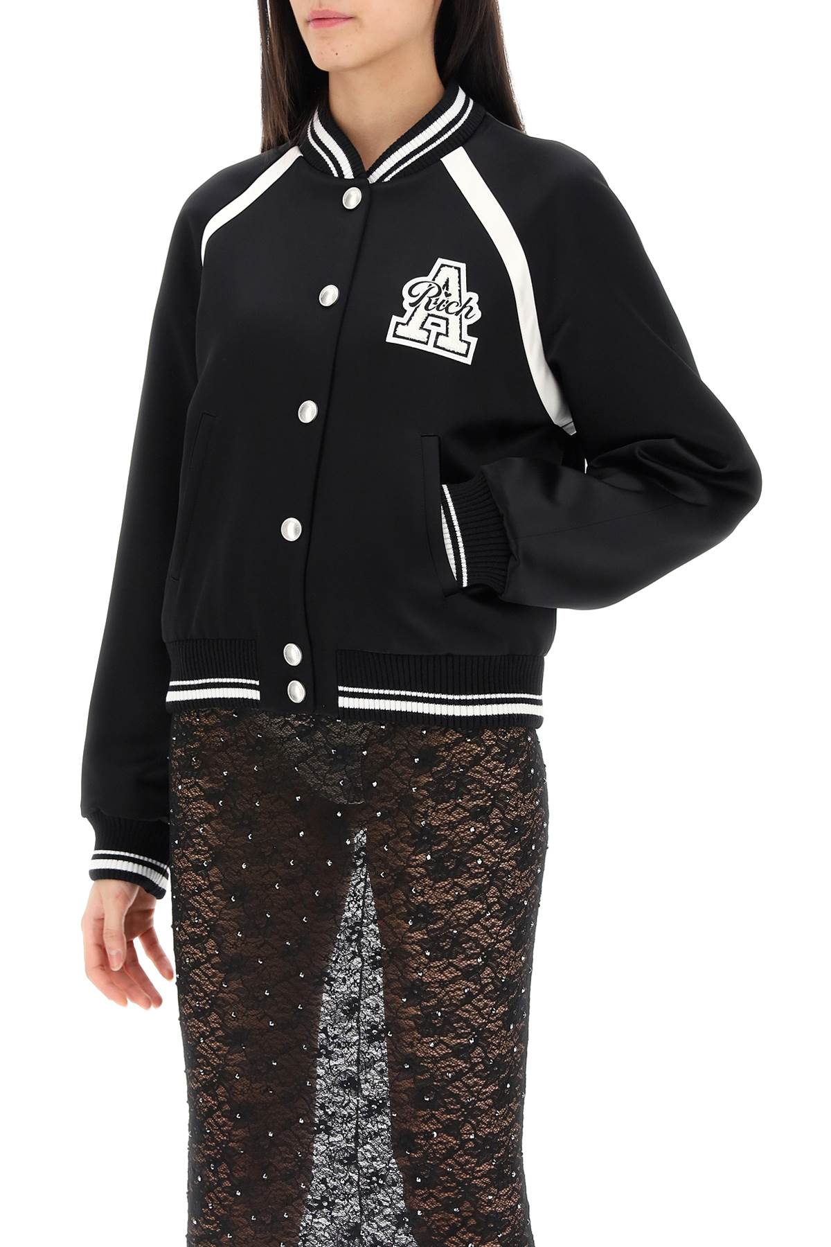 Shop Alessandra Rich Satin Bomber Jacket With Logo Patch In Black