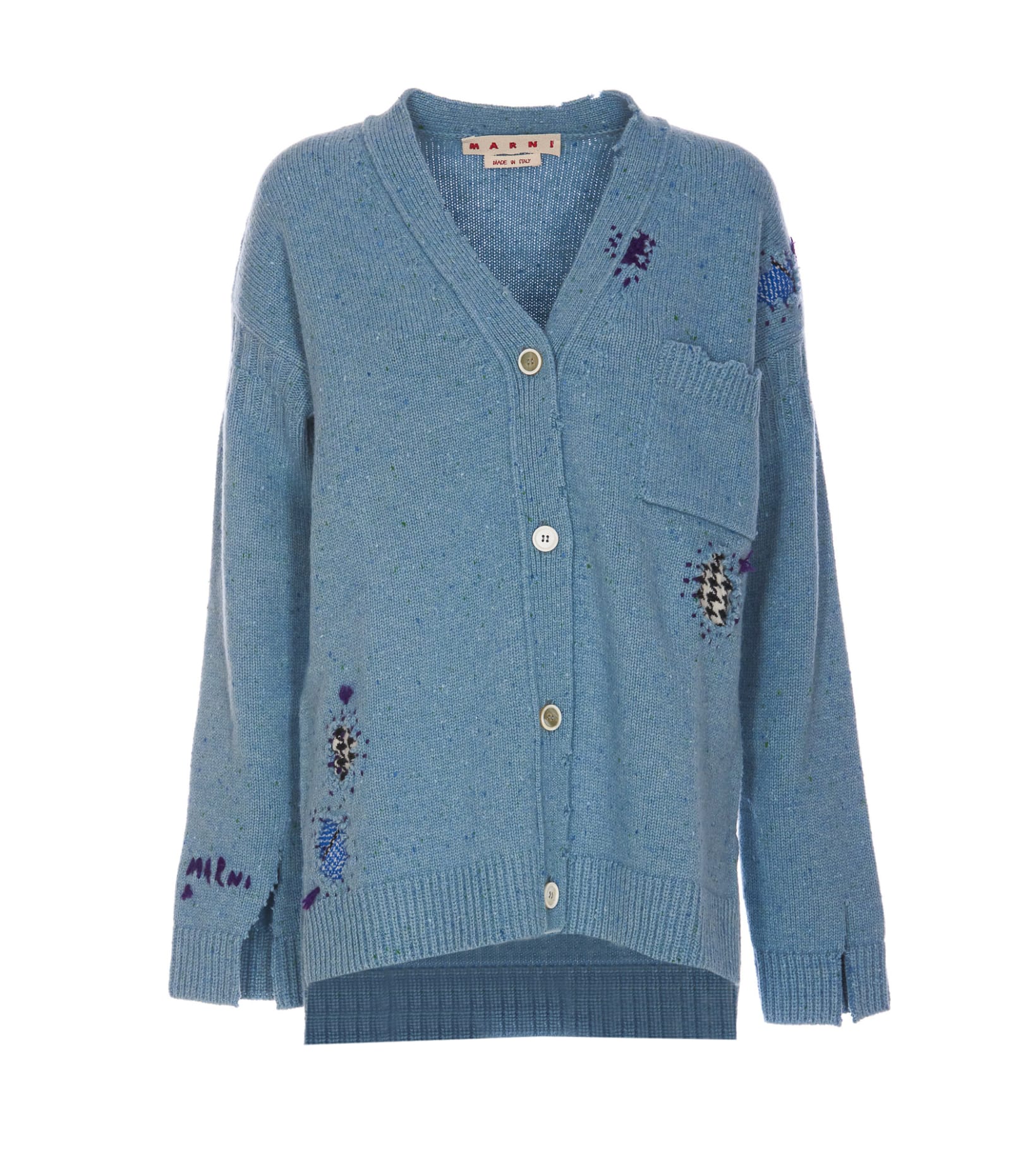 Shop Marni Logo Cardigan With  Mending Patches In Blue