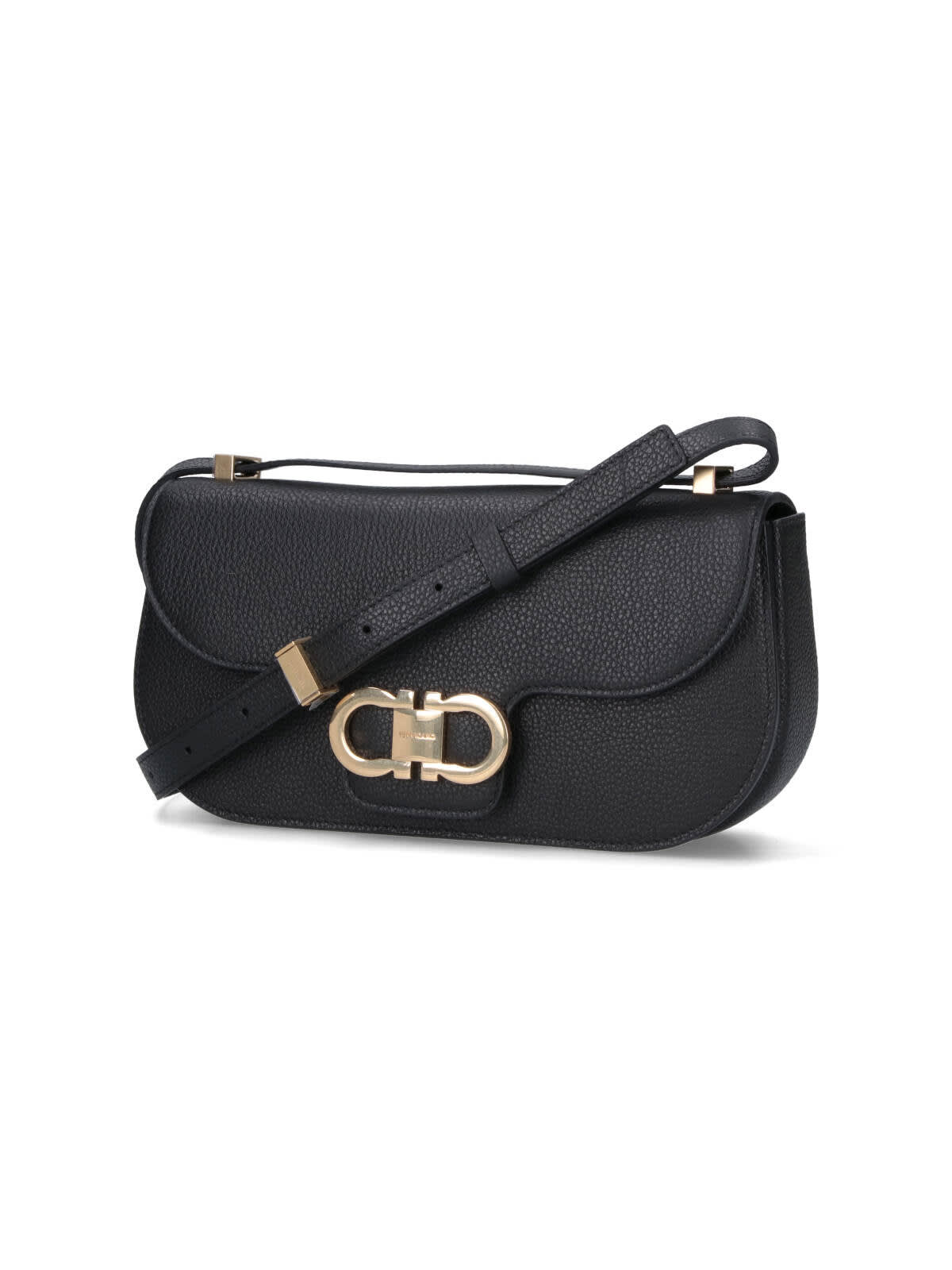 Ferragamo Rectangular Black Textured Leather Shoulder Bag With Magnetic Closure In Black