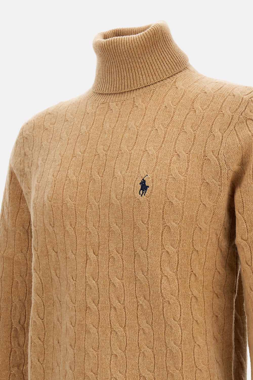 Polo Ralph Lauren Cable Knit Turtleneck Sweater With Embroidered Logo In Brown