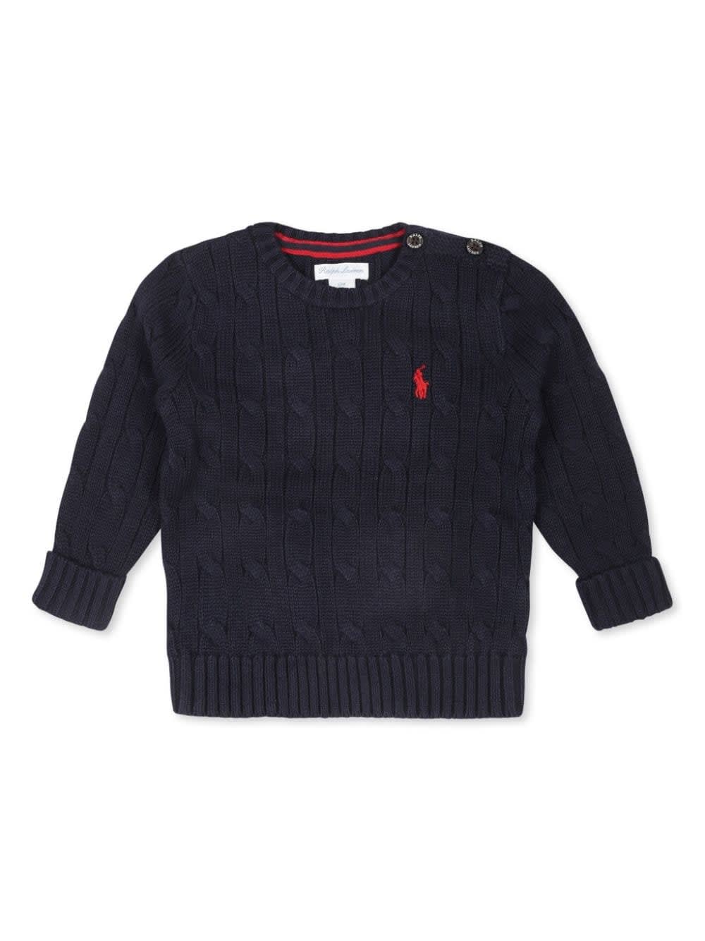 RALPH LAUREN BLUE CABLE KNIT PULLOVER WITH CONTRAST PONY 