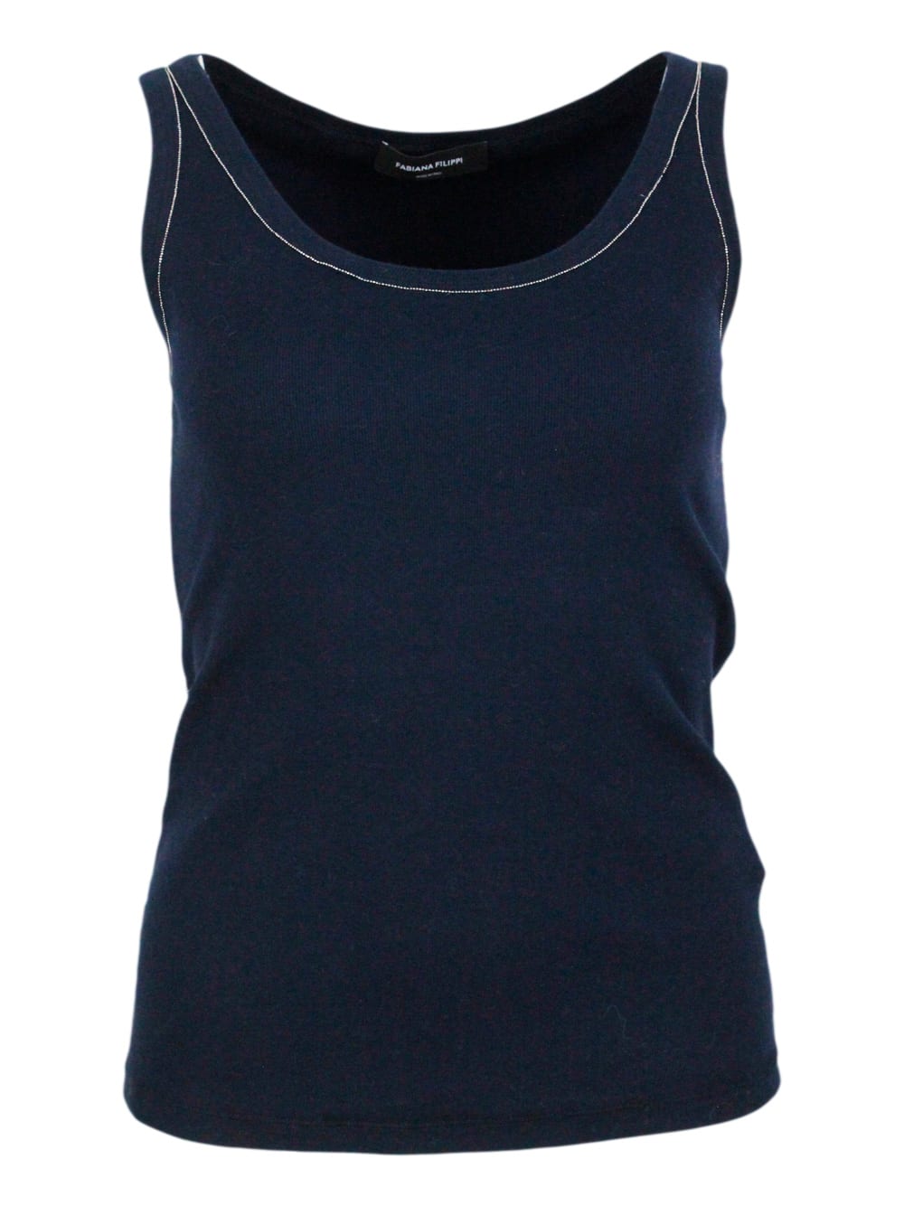 Sleeveless T-shirt, Ribbed Cotton Tank Top With U-neck, Elbow-length Sleeves Embellished With Rows Of Monili On The Neck And Sides