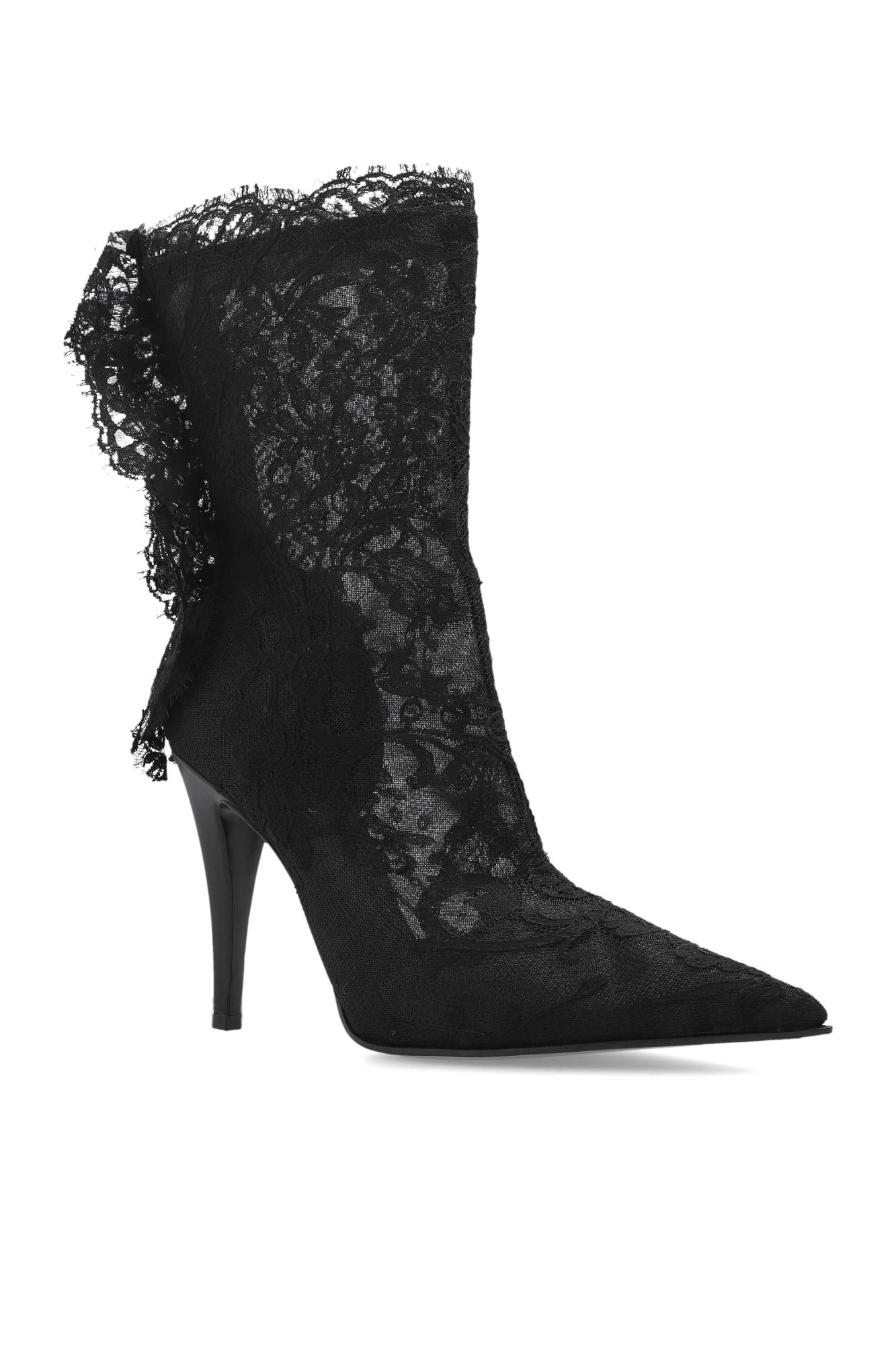 Alexander Mcqueen Lace Overlay Pointed Toe Stiletto Boots In Black