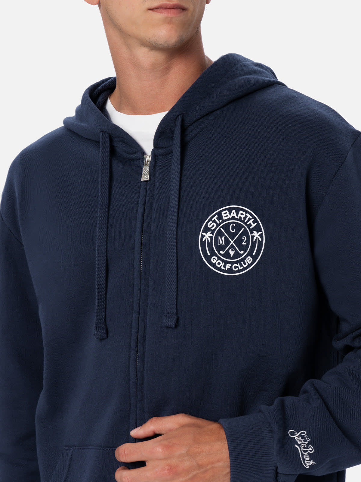Mc2 Saint Barth Man Zipped Cotton Fleece Hoodie Danny With Front And Back Print In Blue