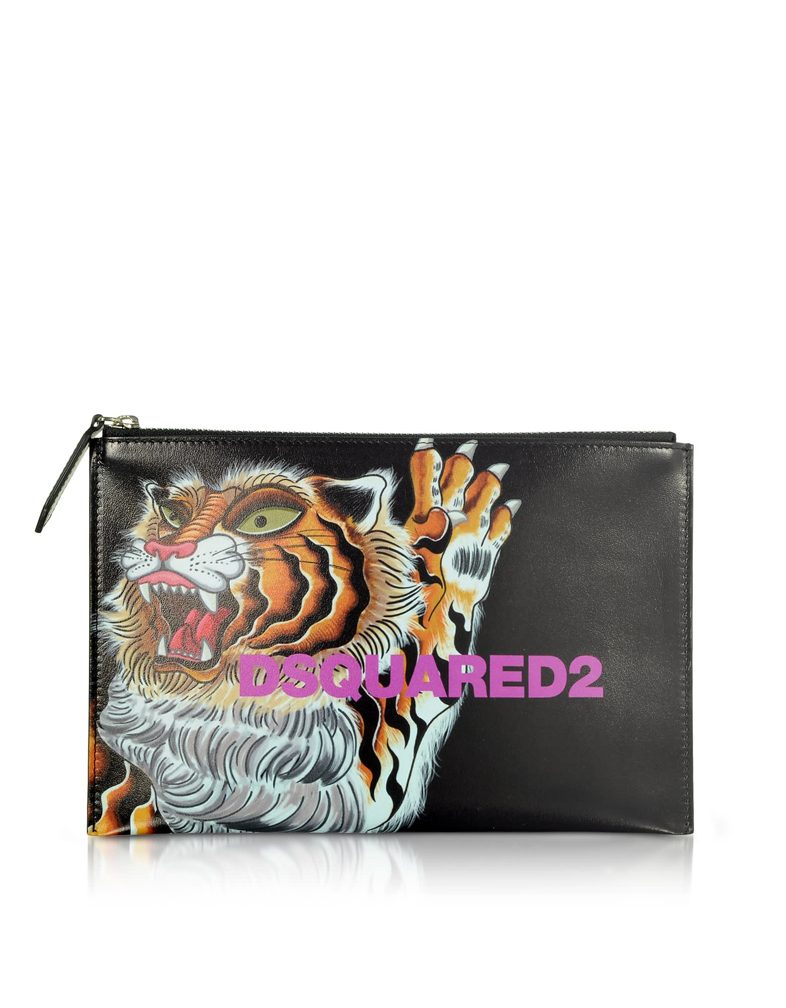 DSQUARED2 WOMENS TIGER PRINTED BLACK CALF LEATHER POUCH,11270347