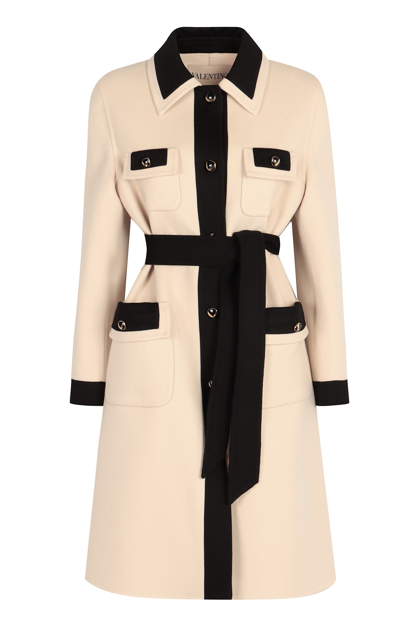 Valentino Wool Coat With Belted Waist And Contrast Trim In White