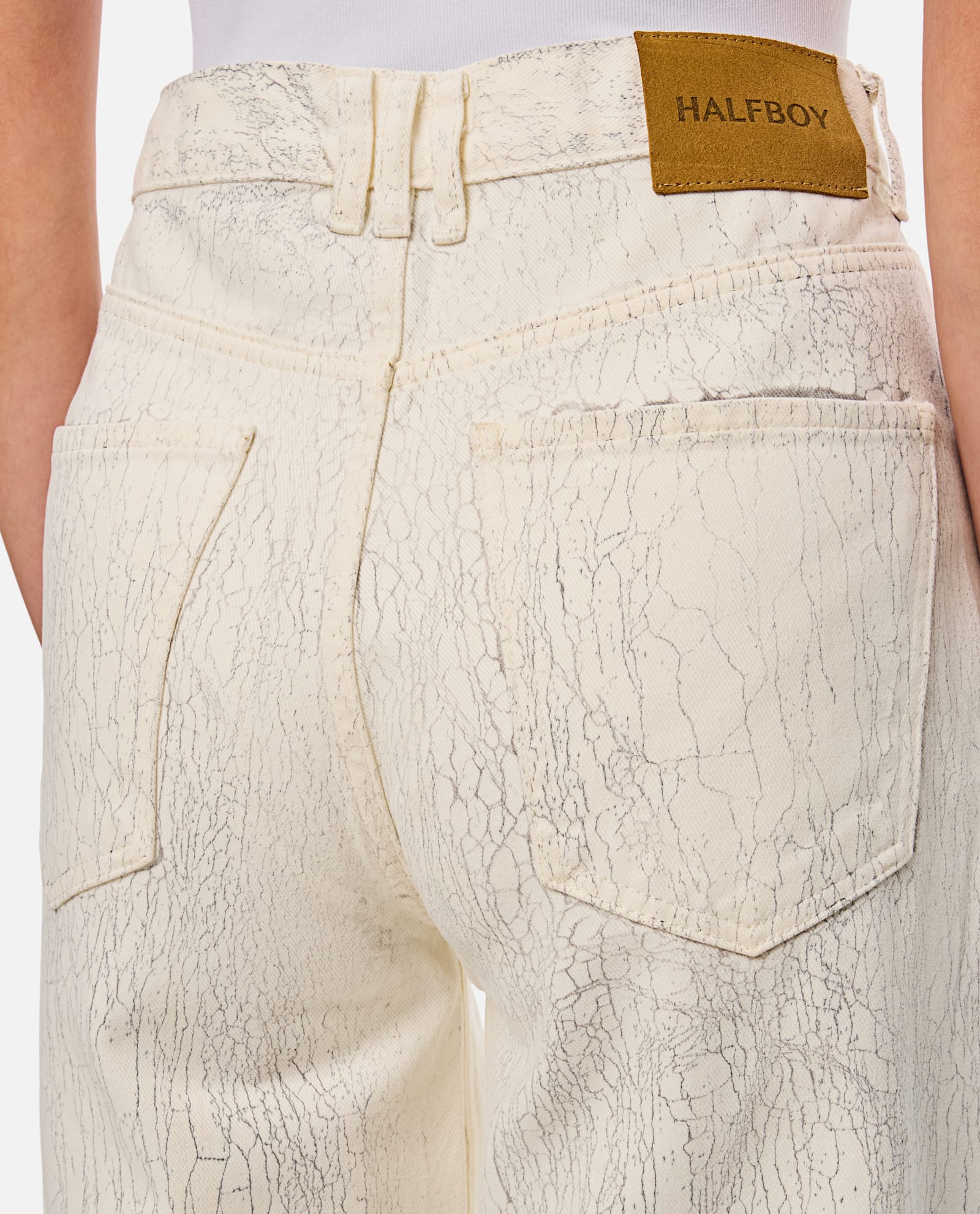 Halfboy Beige Crepe Pattern Wide Leg Jeans In White