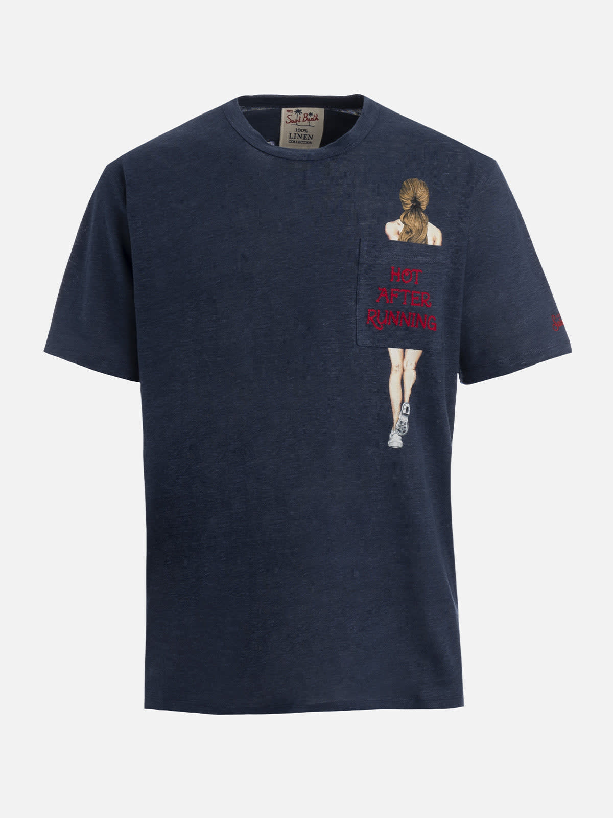 Mc2 Saint Barth Man Linen Jersey T-shirt Ecstasea With Printed And Embroidered Pocket In Blue