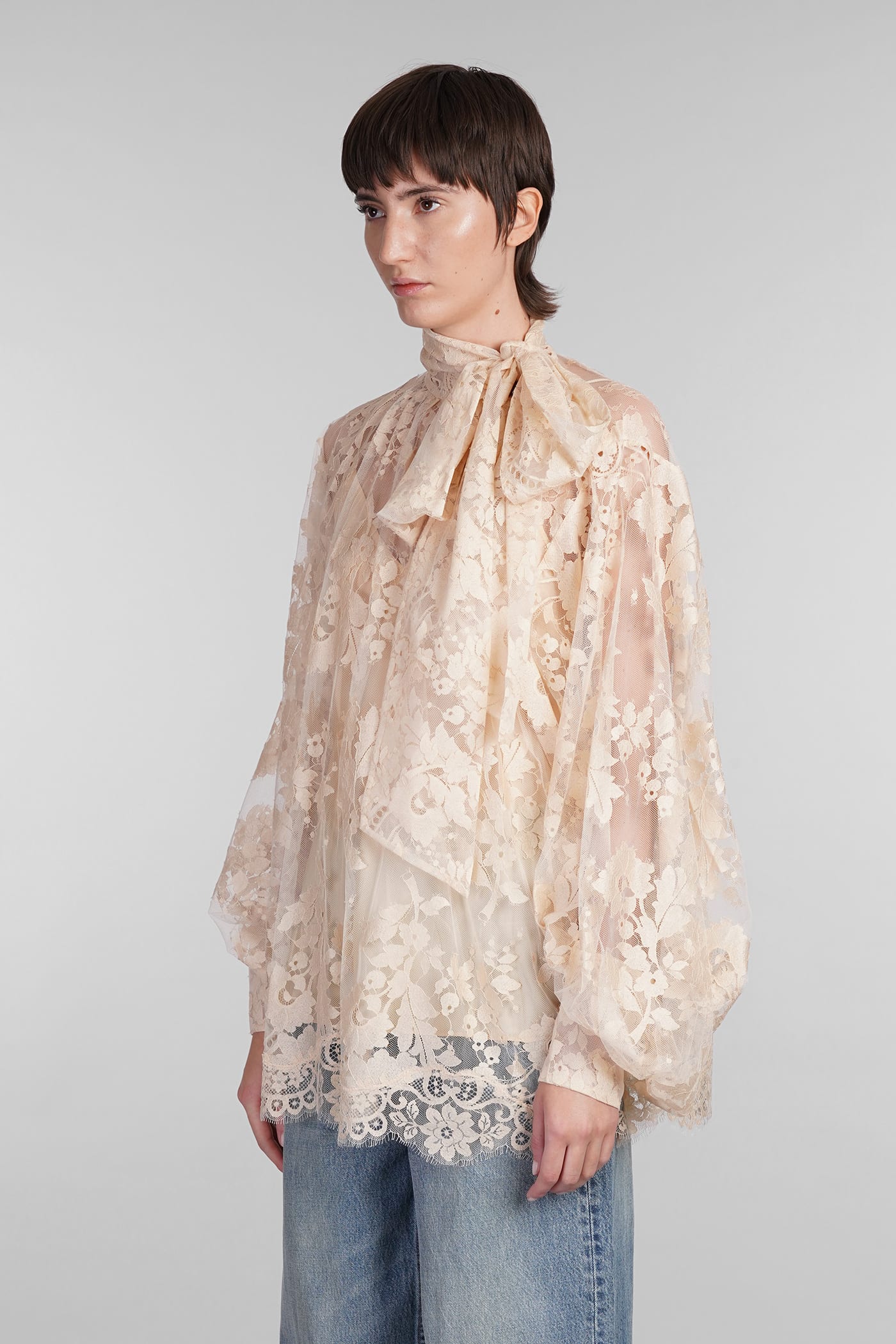 Zimmermann Illustration Pussy-bow Scalloped Cotton-blend Lace Blouse In Beige