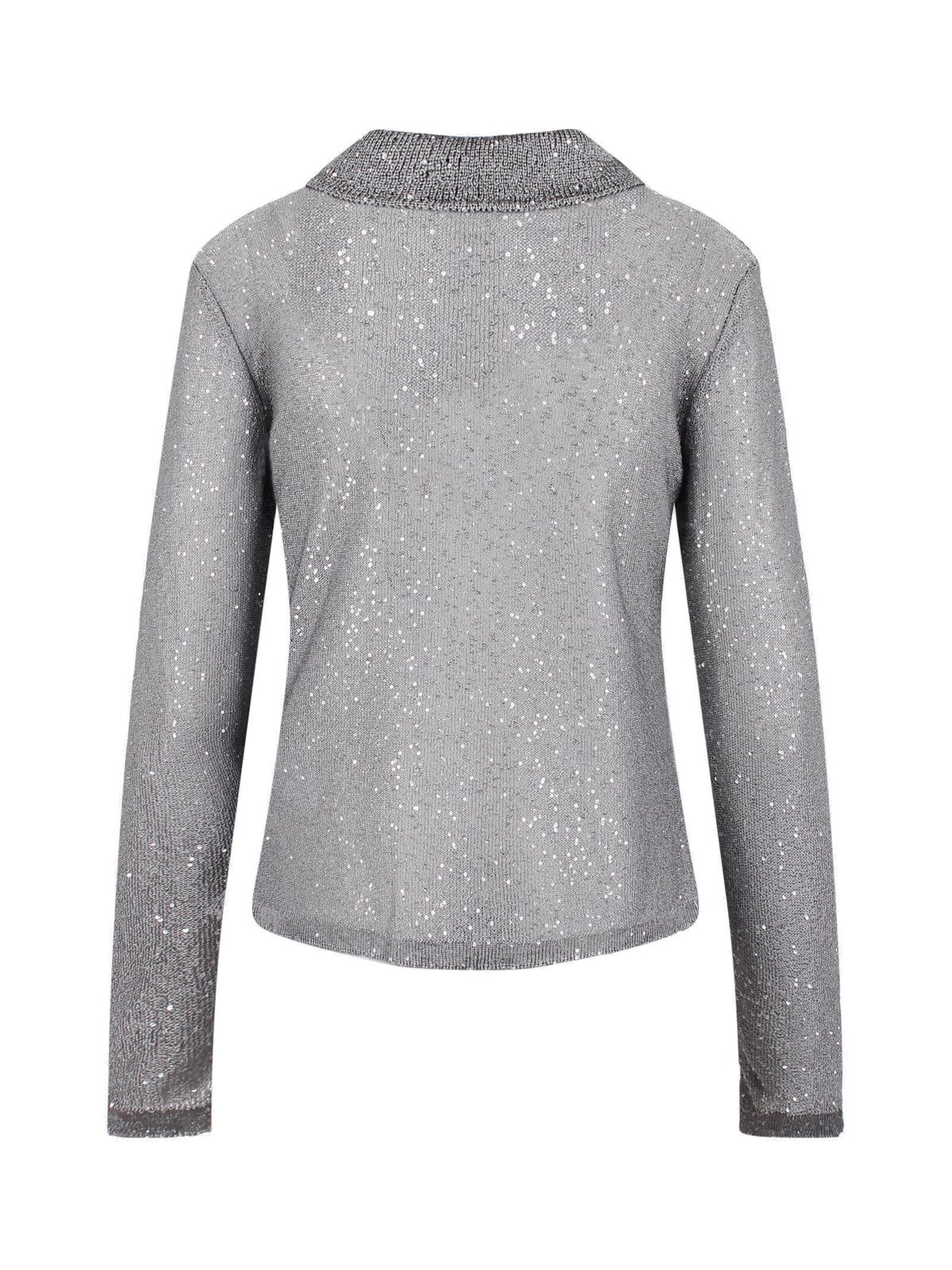 Shop Msgm Long Sleeved Sequin Embellished Knit Polo Top