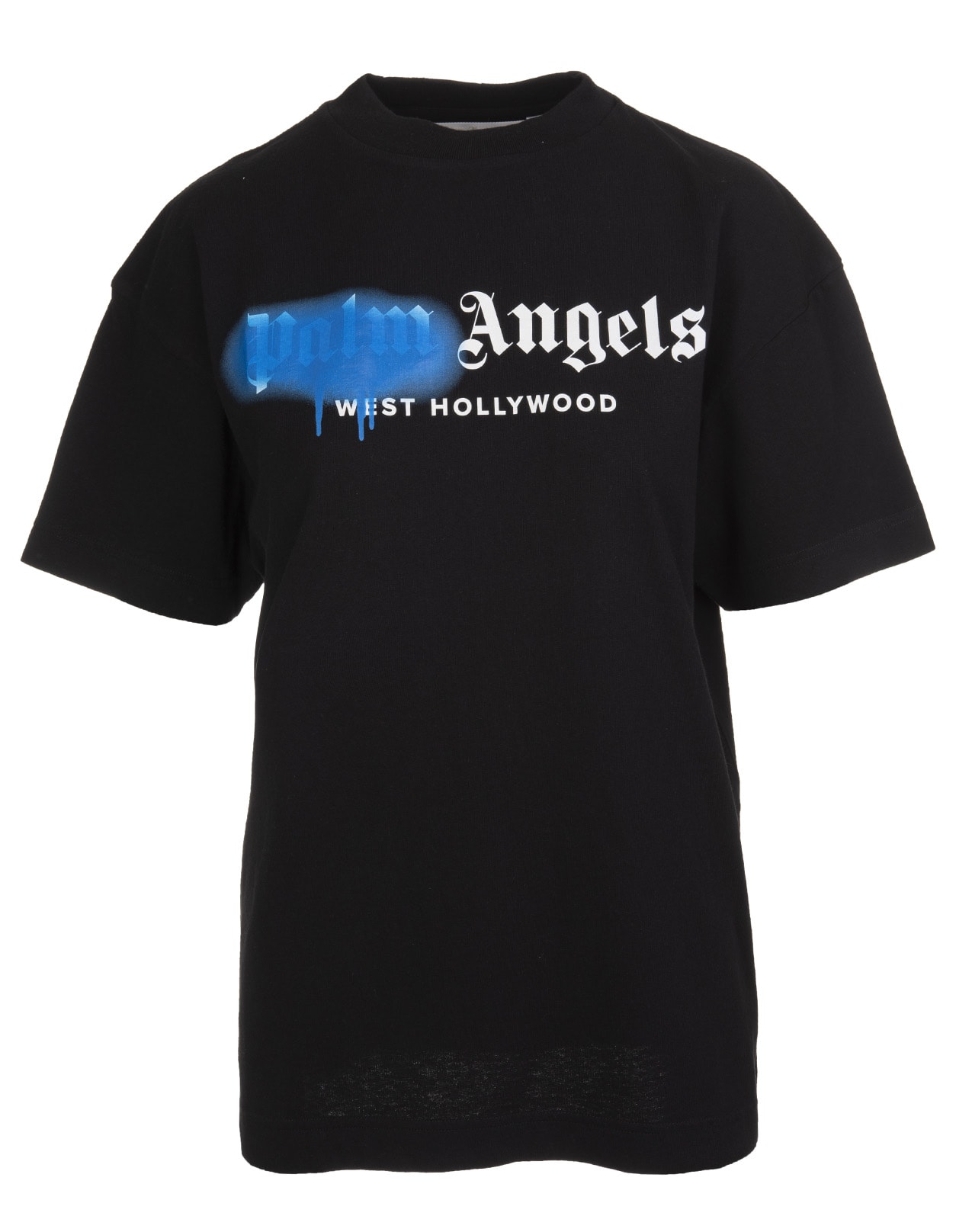 PALM ANGELS WOMAN BLACK AND BLUE WEST HOLLYWOOD LOGO SPRAY T-SHIRT,11944078