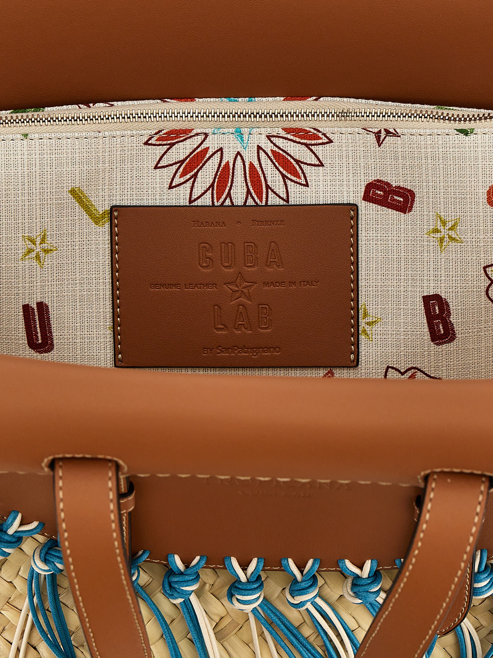 Cuba Lab Structured Brown Handbag With Woven Straw In Multicolor
